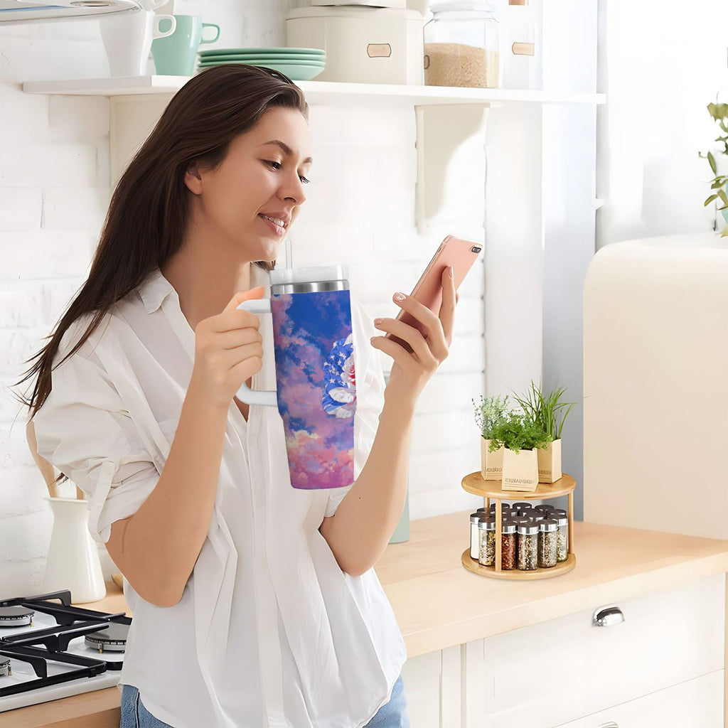 30 oz Insulated Stainless Steel Tumbler Double Wall Stainless Steel Tumbler with 2-Way Drinking Rose with Flag Pattern M547H