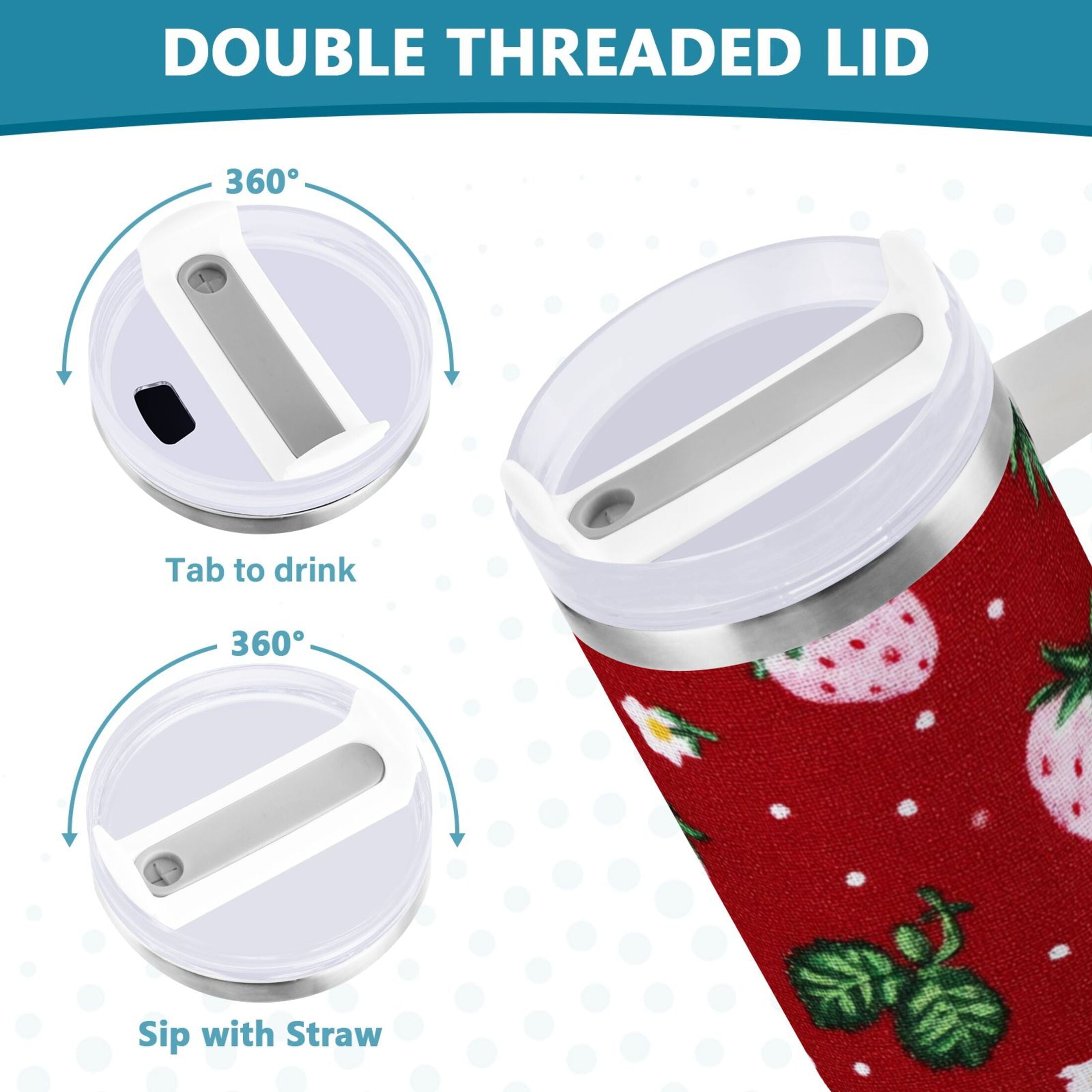 30 oz Insulated Stainless Steel Tumbler Double Wall Stainless Steel Tumbler with 2-Way Drinking Cute Pink Strawberry Pattern M630M