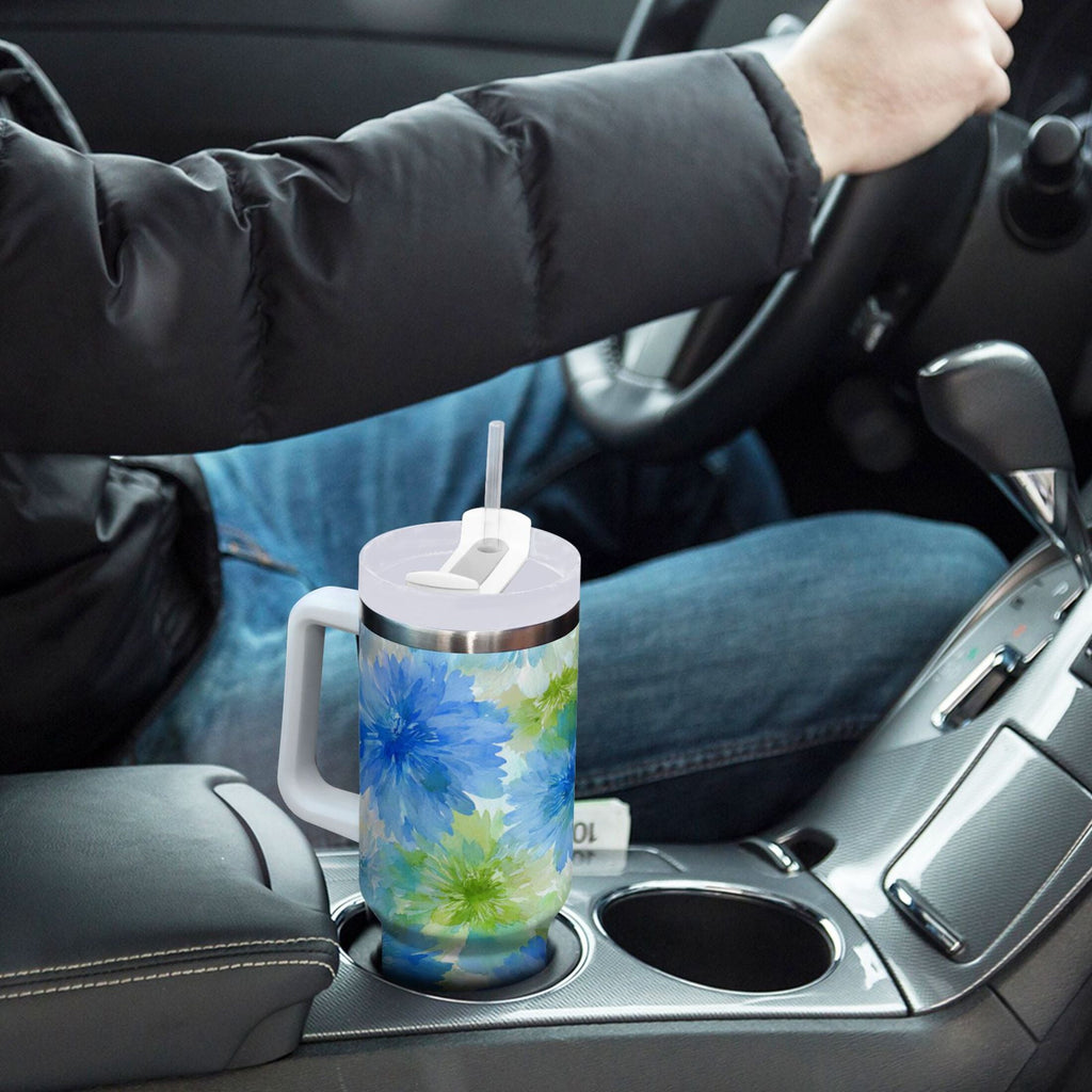 40 oz Insulated Stainless Steel Tumbler Double Wall Stainless Steel Tumbler with 2-Way Drinking Watercolor Blue Cornflowers M567D
