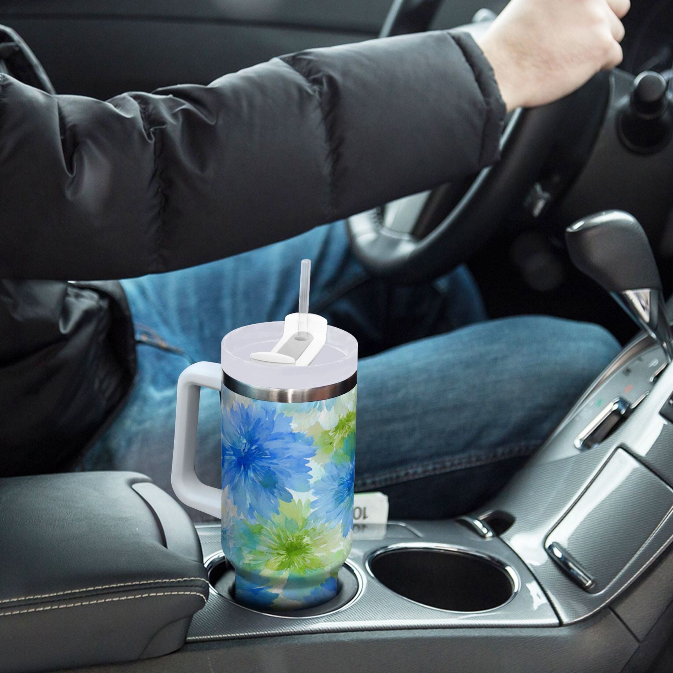 40 oz Insulated Stainless Steel Tumbler Double Wall Stainless Steel Tumbler with 2-Way Drinking Watercolor Blue Cornflowers M567D