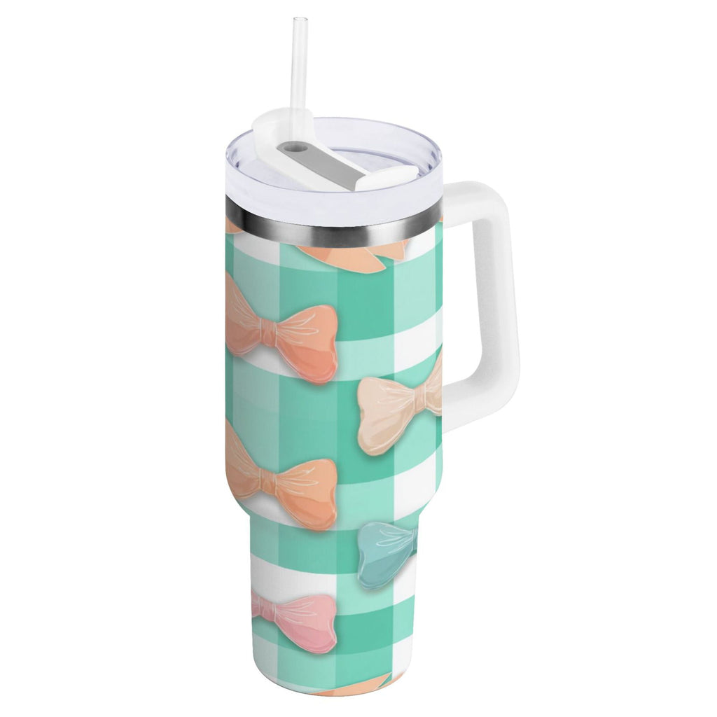 40 oz Insulated Stainless Steel Tumbler Double Wall Stainless Steel Tumbler with 2-Way Drinking Pastel Green and Peach Bows M494X