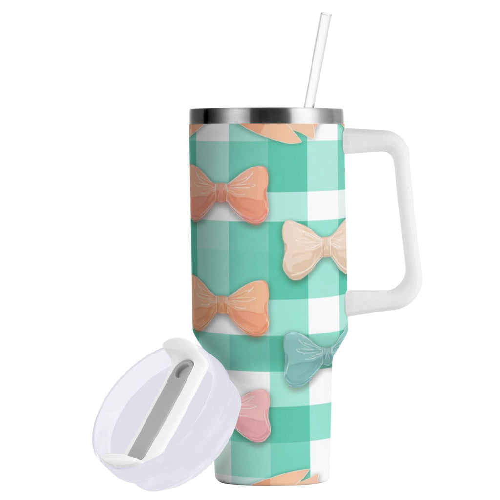40 oz Insulated Stainless Steel Tumbler Double Wall Stainless Steel Tumbler with 2-Way Drinking Pastel Green and Peach Bows M494X