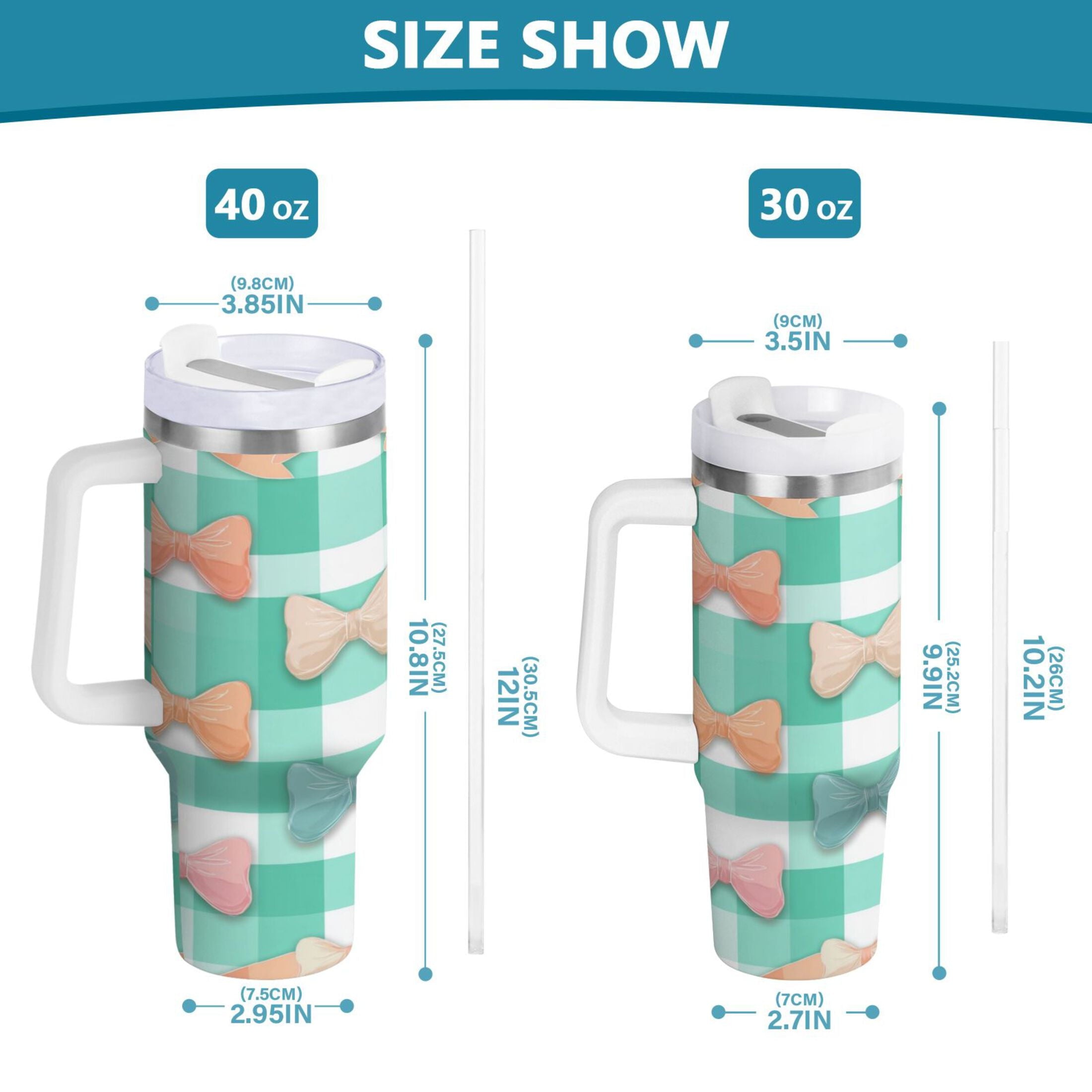 40 oz Insulated Stainless Steel Tumbler Double Wall Stainless Steel Tumbler with 2-Way Drinking Pastel Green and Peach Bows M494X