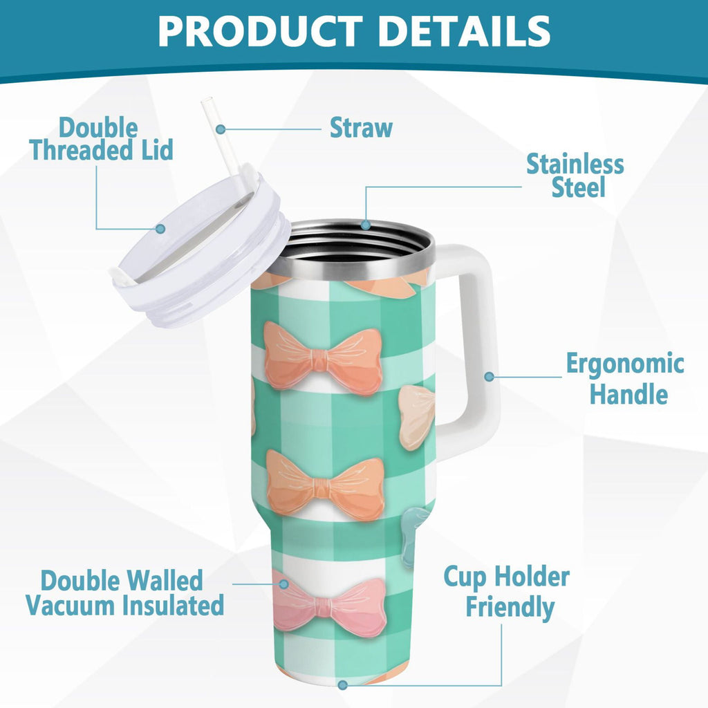 40 oz Insulated Stainless Steel Tumbler Double Wall Stainless Steel Tumbler with 2-Way Drinking Pastel Green and Peach Bows M494X