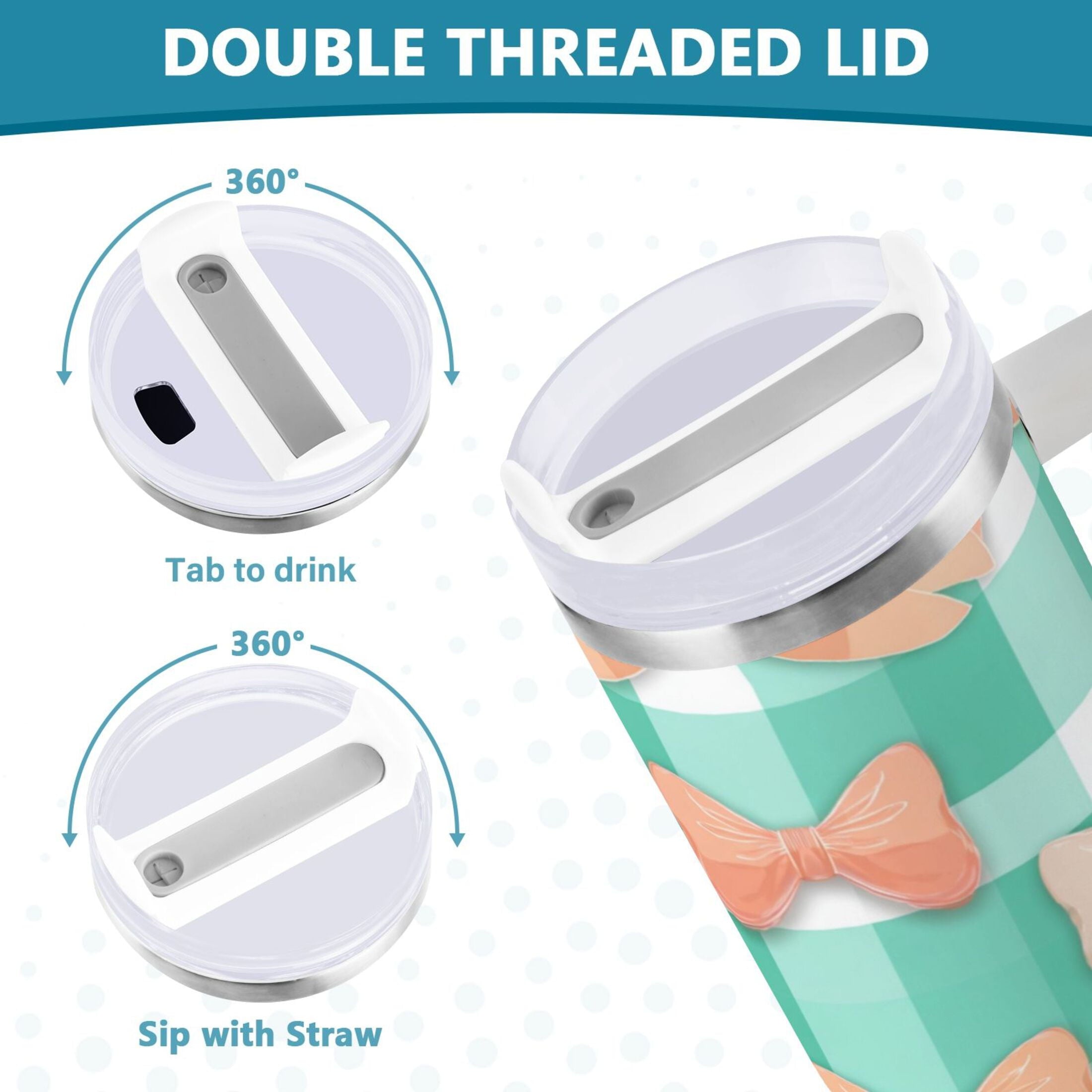 40 oz Insulated Stainless Steel Tumbler Double Wall Stainless Steel Tumbler with 2-Way Drinking Pastel Green and Peach Bows M494X