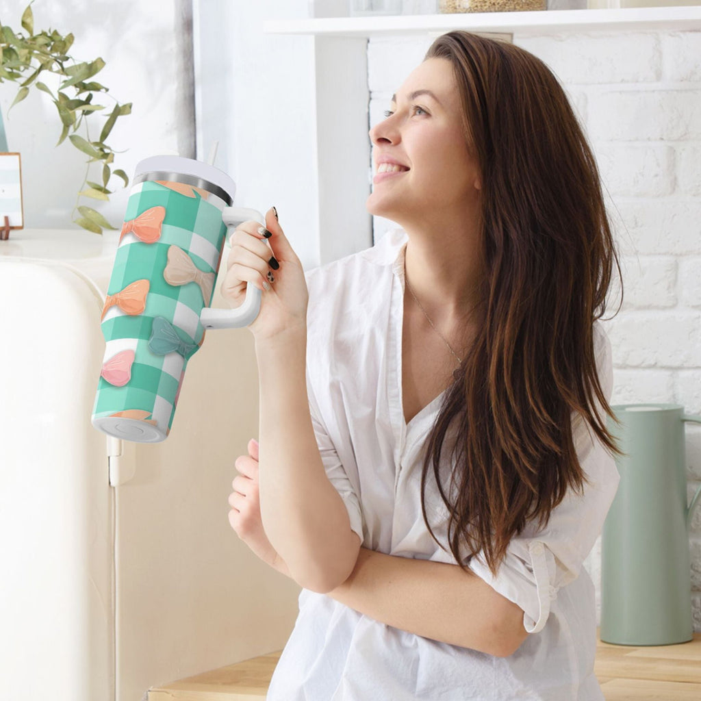 40 oz Insulated Stainless Steel Tumbler Double Wall Stainless Steel Tumbler with 2-Way Drinking Pastel Green and Peach Bows M494X