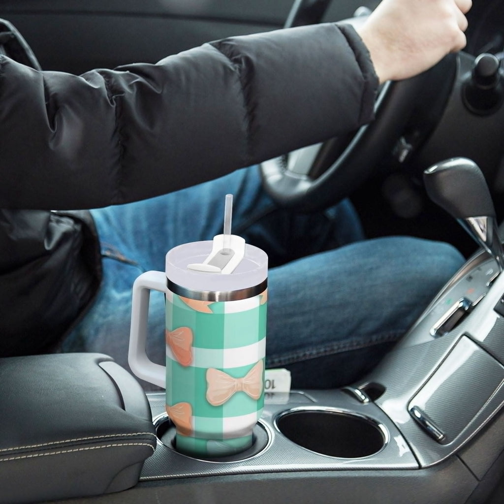 40 oz Insulated Stainless Steel Tumbler Double Wall Stainless Steel Tumbler with 2-Way Drinking Pastel Green and Peach Bows M494X