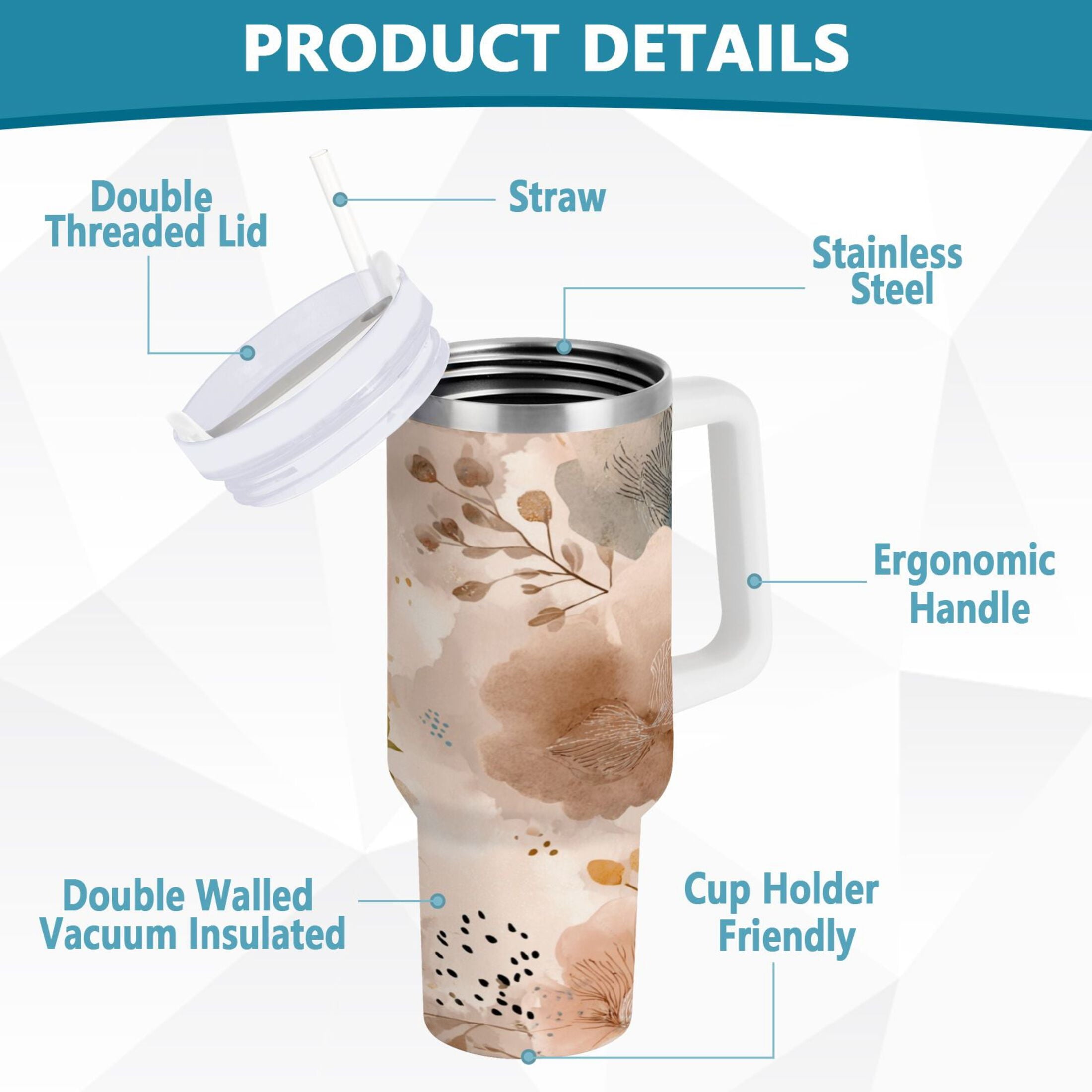 30 oz Insulated Stainless Steel Tumbler Double Wall Stainless Steel Tumbler with 2-Way Drinking Hazy Ethereal Flowers M445W