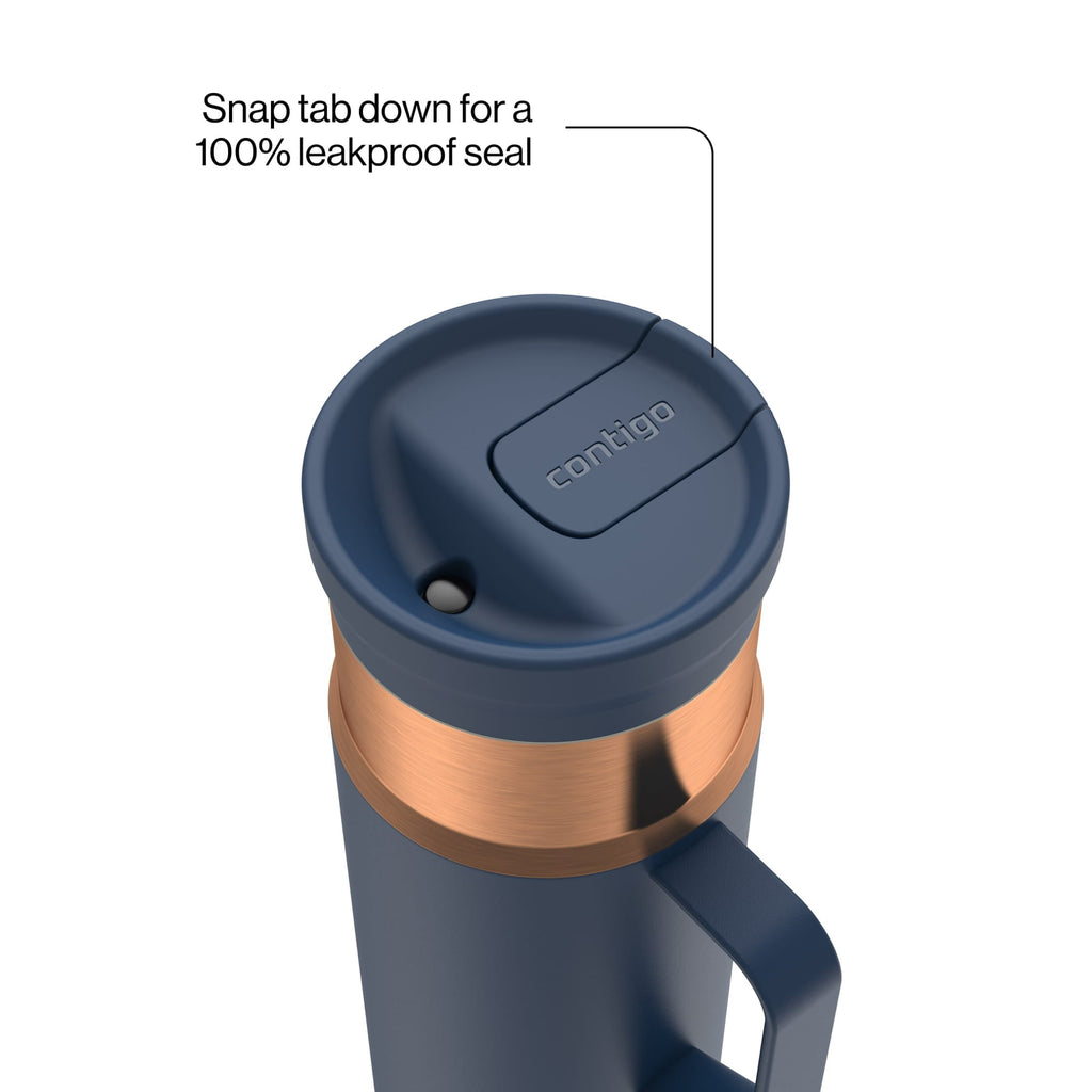 Contigo SnapSeal Leakproof Stainless Steel Reusable Water Bottle Tumbler with Side Handle, Dark Blue/Bronze, 20 oz M33R
