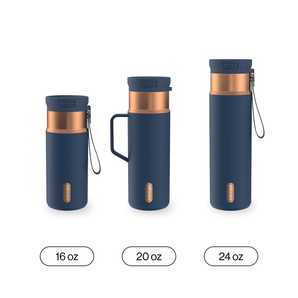 Contigo SnapSeal Leakproof Stainless Steel Reusable Water Bottle Tumbler with Side Handle, Dark Blue/Bronze, 20 oz M33R