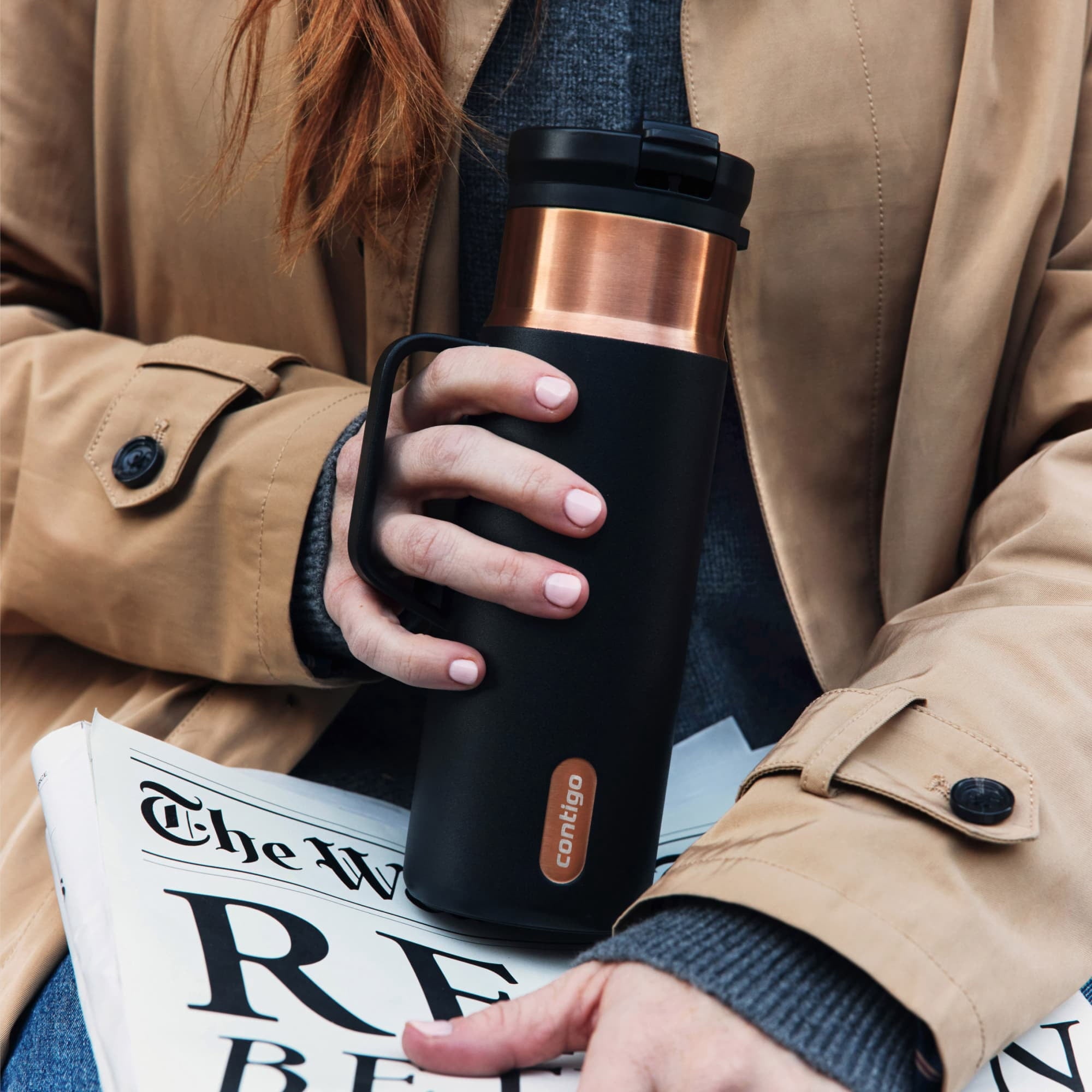 Contigo SnapSeal Leakproof Stainless Steel Reusable Water Bottle Tumbler with Side Handle, Dark Blue/Bronze, 20 oz M33R