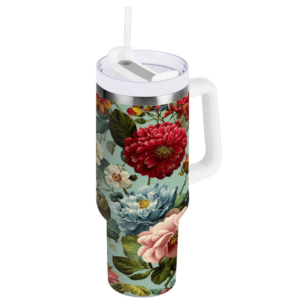 40 oz Insulated Stainless Steel Tumbler Double Wall Stainless Steel Tumbler with 2-Way Drinking Floral Pattern with Roses M485T