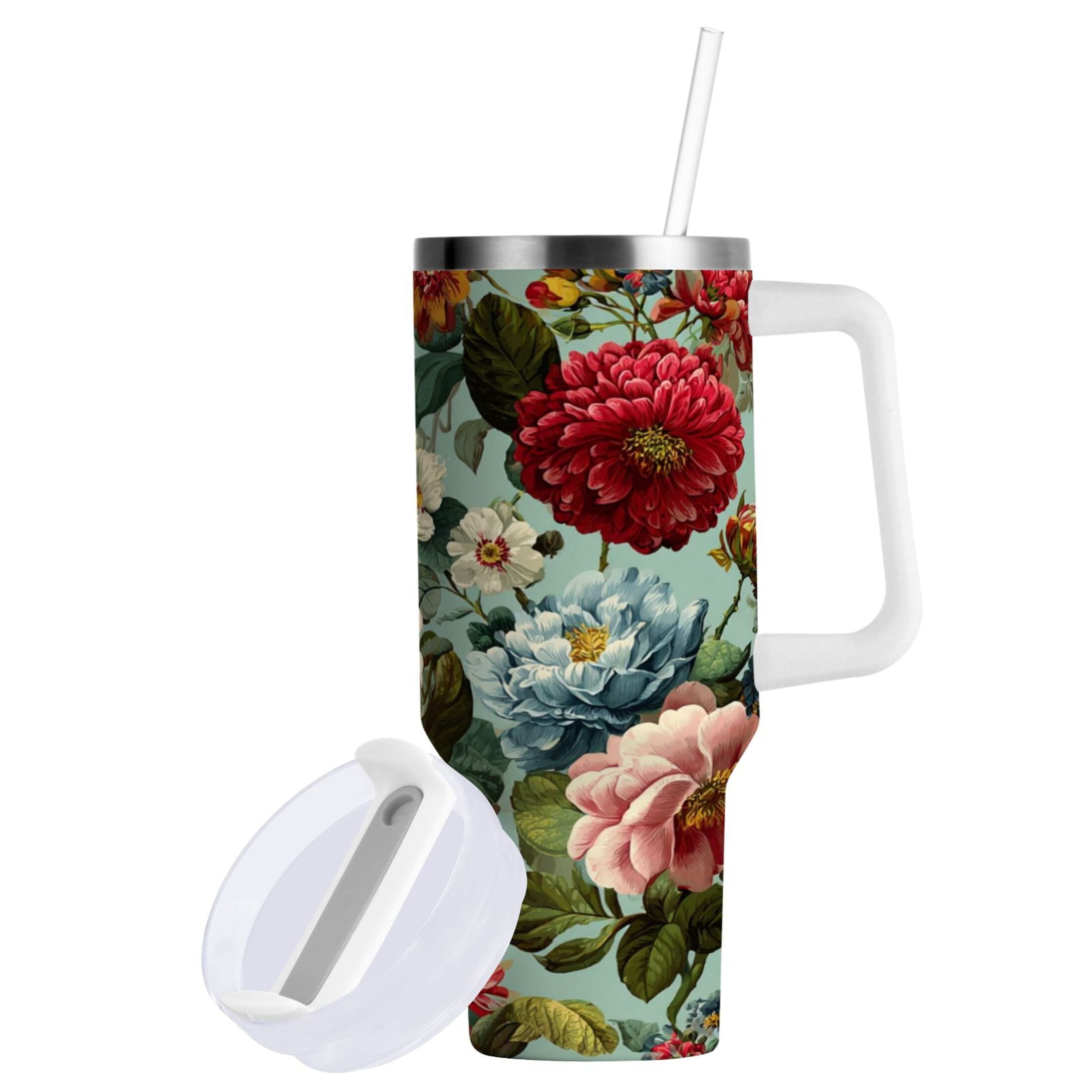 40 oz Insulated Stainless Steel Tumbler Double Wall Stainless Steel Tumbler with 2-Way Drinking Floral Pattern with Roses M485T