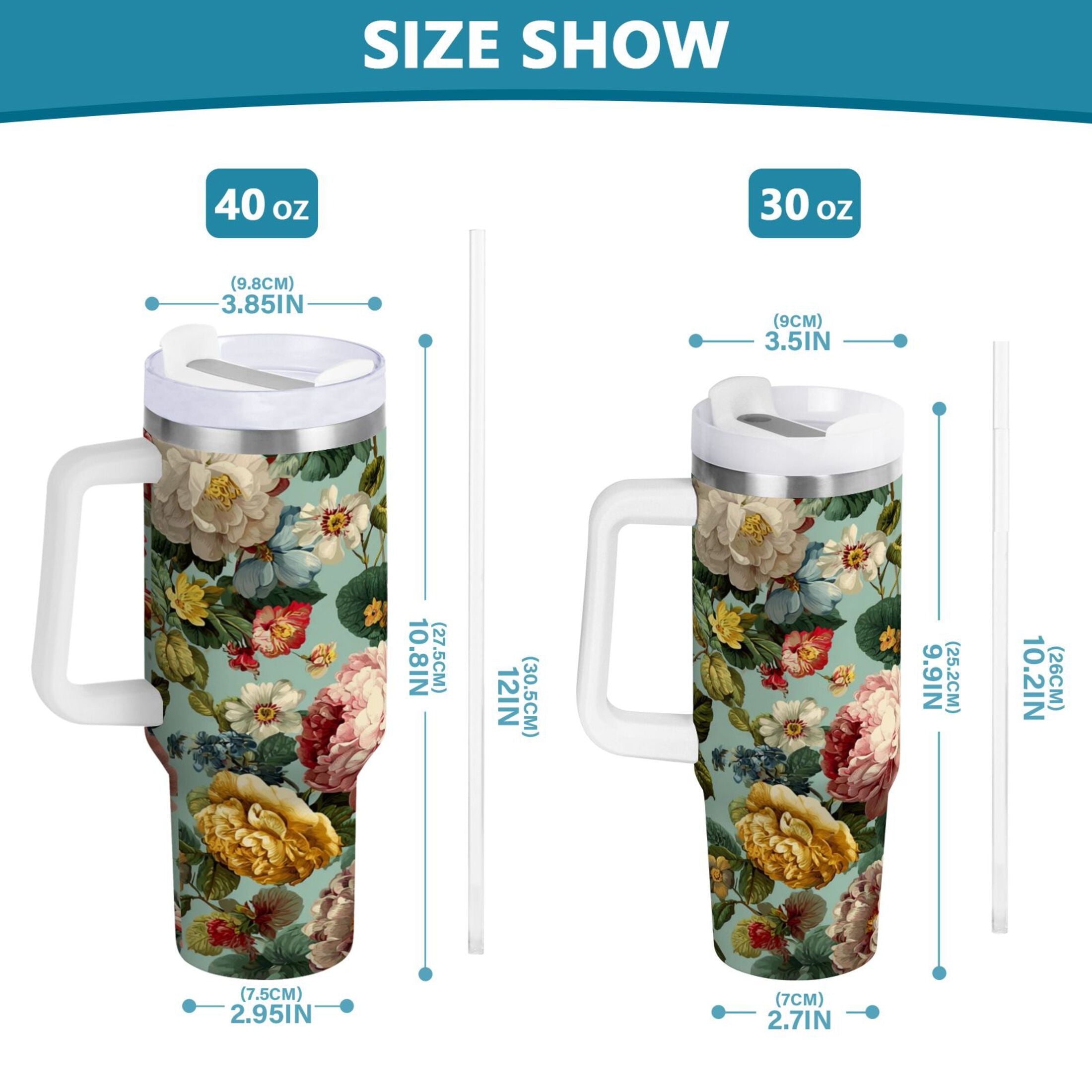 40 oz Insulated Stainless Steel Tumbler Double Wall Stainless Steel Tumbler with 2-Way Drinking Floral Pattern with Roses M485T