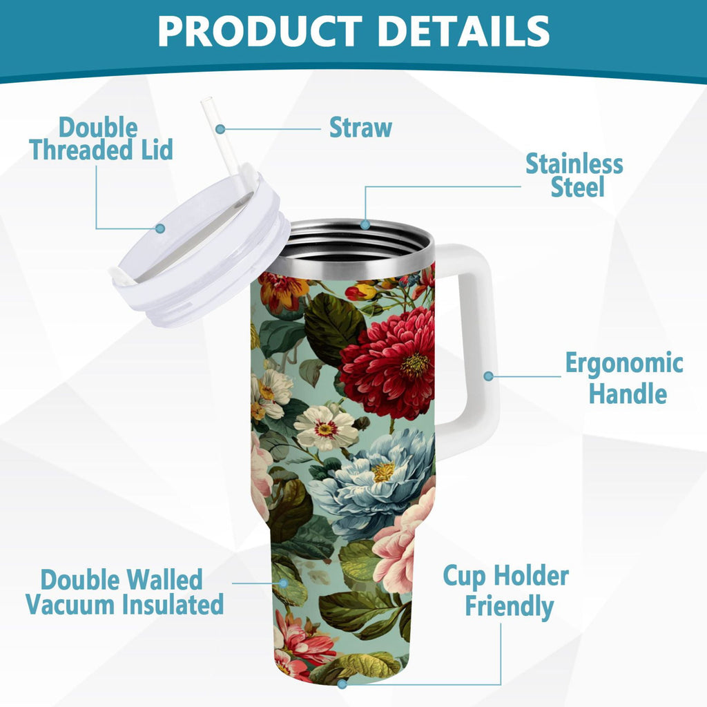40 oz Insulated Stainless Steel Tumbler Double Wall Stainless Steel Tumbler with 2-Way Drinking Floral Pattern with Roses M485T