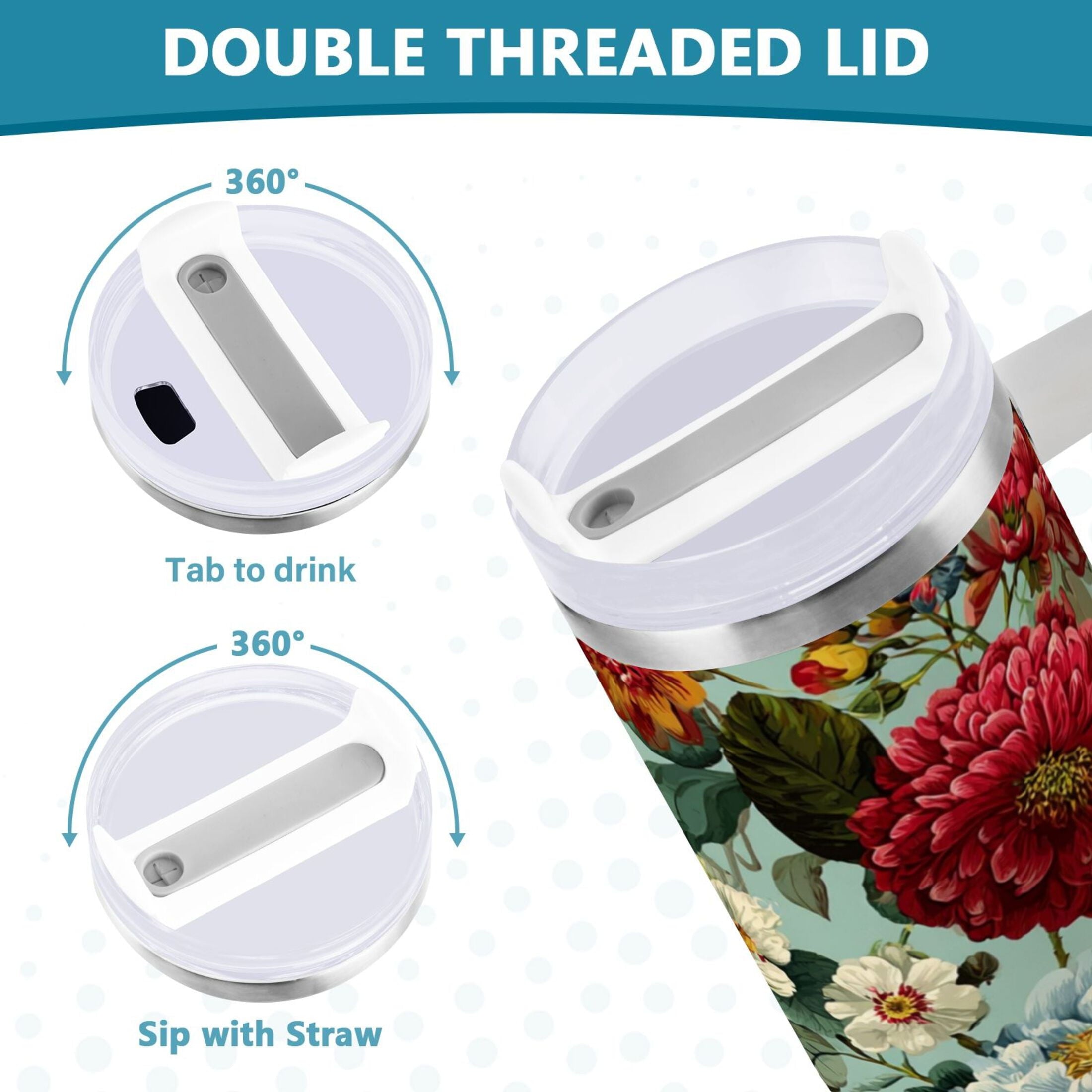 40 oz Insulated Stainless Steel Tumbler Double Wall Stainless Steel Tumbler with 2-Way Drinking Floral Pattern with Roses M485T