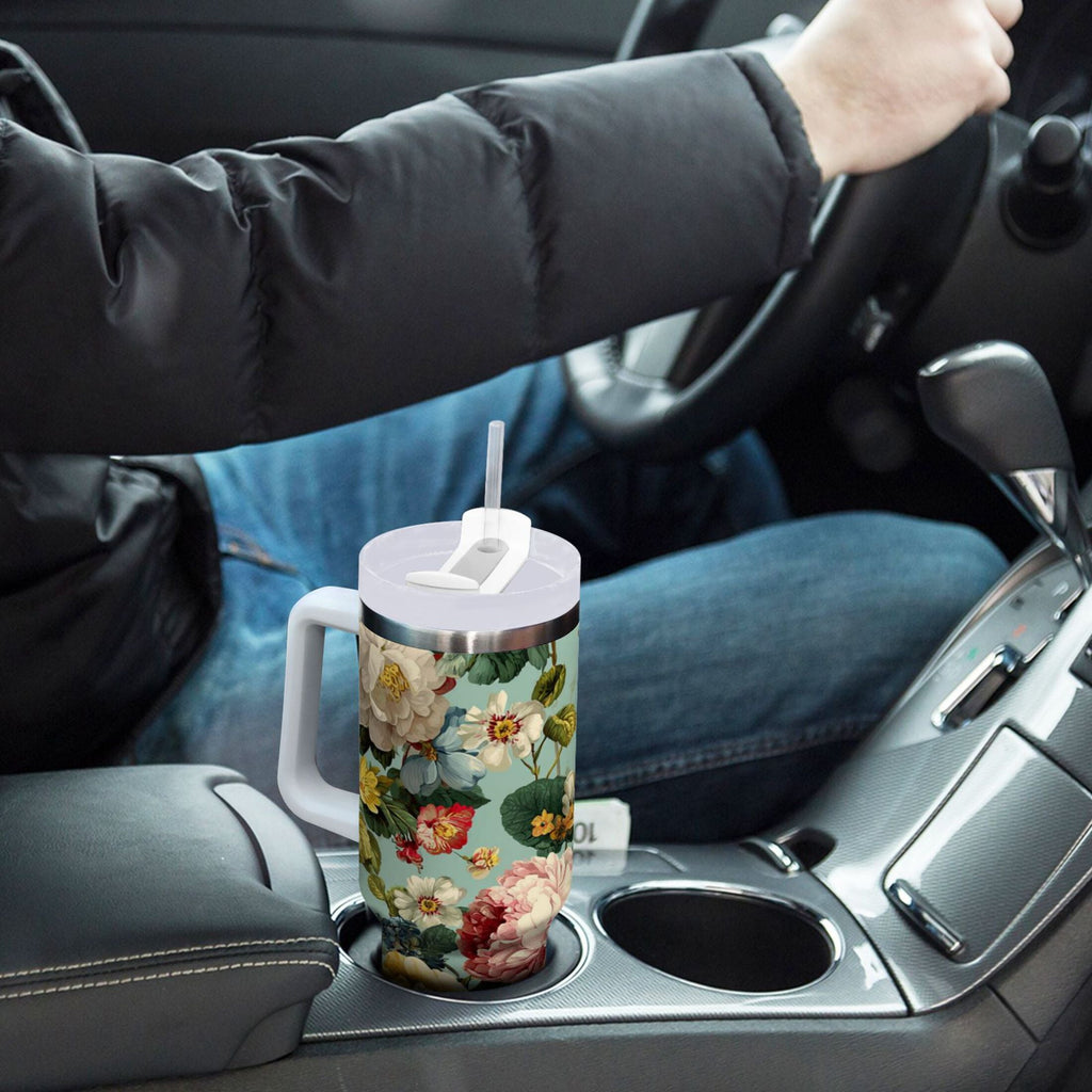 40 oz Insulated Stainless Steel Tumbler Double Wall Stainless Steel Tumbler with 2-Way Drinking Floral Pattern with Roses M485T