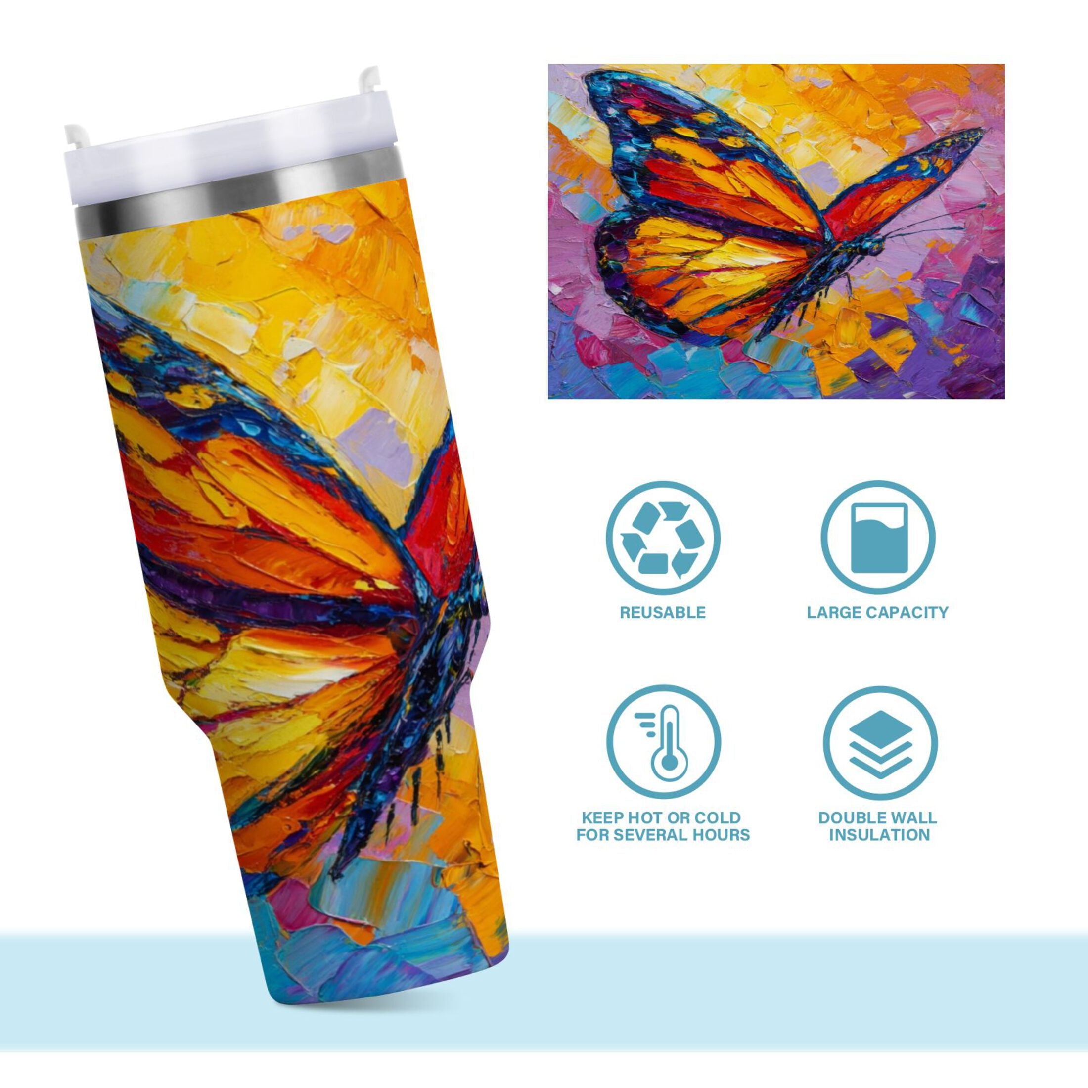 30 oz Insulated Stainless Steel Tumbler Double Wall Stainless Steel Tumbler with 2-Way Drinking Colorful Butterfly Flying M473N