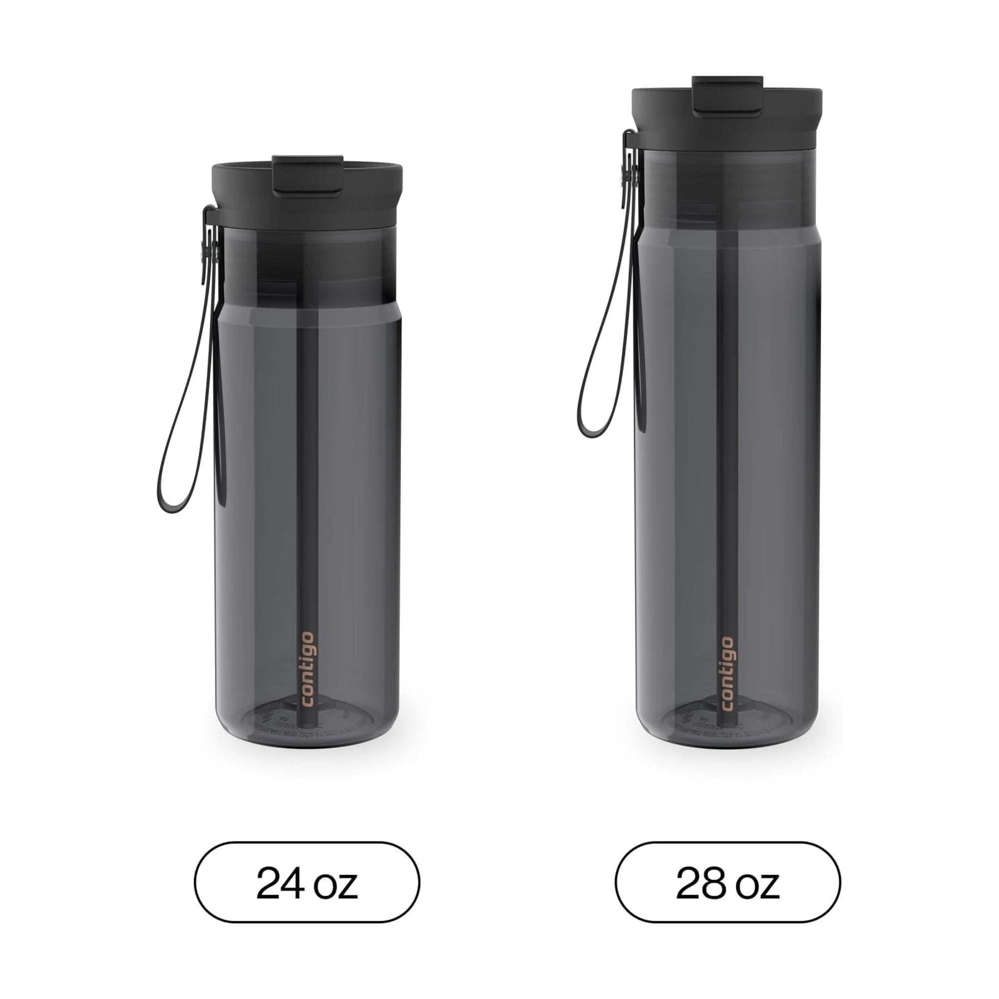Contigo DualSip Leakproof Plastic Reusable Water Bottle with Carrying Strap, Black/Clear, 24 oz M47Z