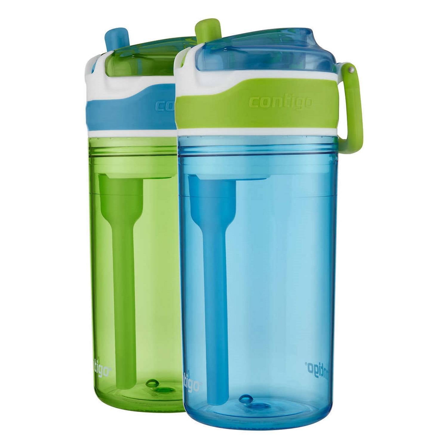 Contigo Kids 2-in-1 Snack Hero Tumbler Featuring 4oz Snack Holder Stacked on Top of 13oz Water Bottle - BPA Free, Durable Tritan w/Flexible Carry Handle &amp; Spill-Proof Valve, Green &amp; Blue – 2 Pack M75D