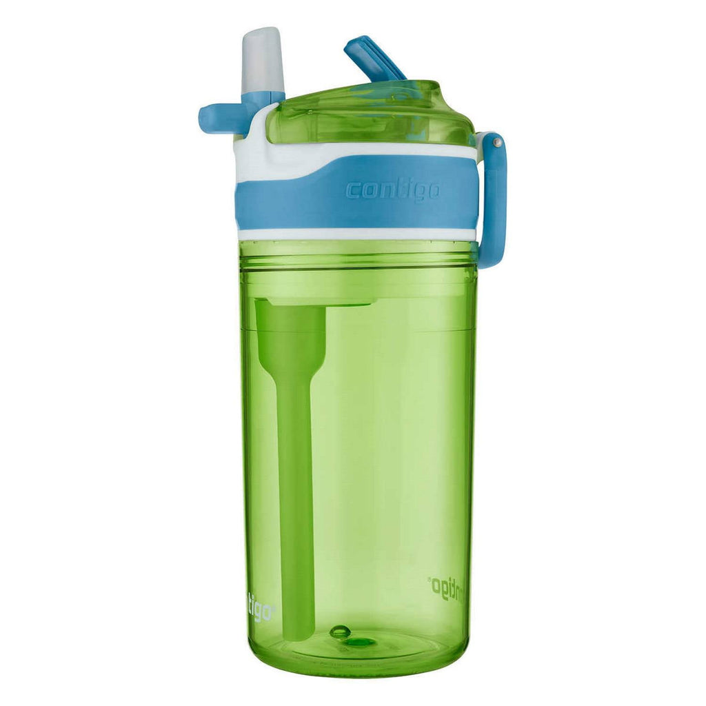 Contigo Kids 2-in-1 Snack Hero Tumbler Featuring 4oz Snack Holder Stacked on Top of 13oz Water Bottle - BPA Free, Durable Tritan w/Flexible Carry Handle &amp; Spill-Proof Valve, Green &amp; Blue – 2 Pack M75D