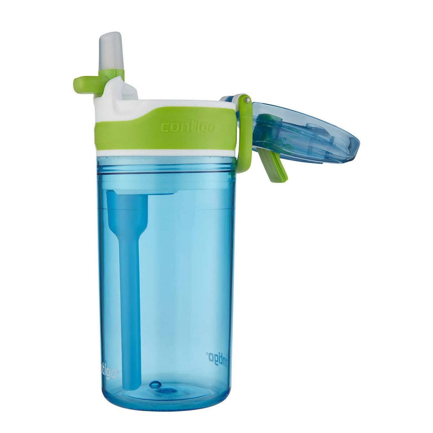 Contigo Kids 2-in-1 Snack Hero Tumbler Featuring 4oz Snack Holder Stacked on Top of 13oz Water Bottle - BPA Free, Durable Tritan w/Flexible Carry Handle &amp; Spill-Proof Valve, Green &amp; Blue – 2 Pack M75D