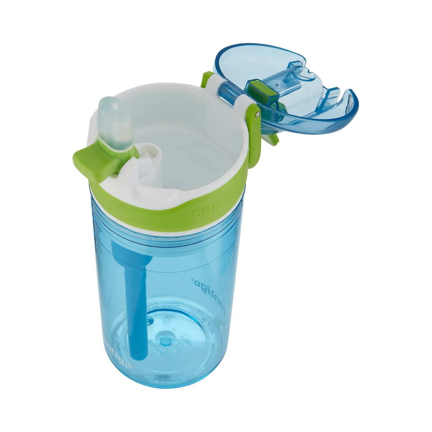 Contigo Kids 2-in-1 Snack Hero Tumbler Featuring 4oz Snack Holder Stacked on Top of 13oz Water Bottle - BPA Free, Durable Tritan w/Flexible Carry Handle &amp; Spill-Proof Valve, Green &amp; Blue – 2 Pack M75D