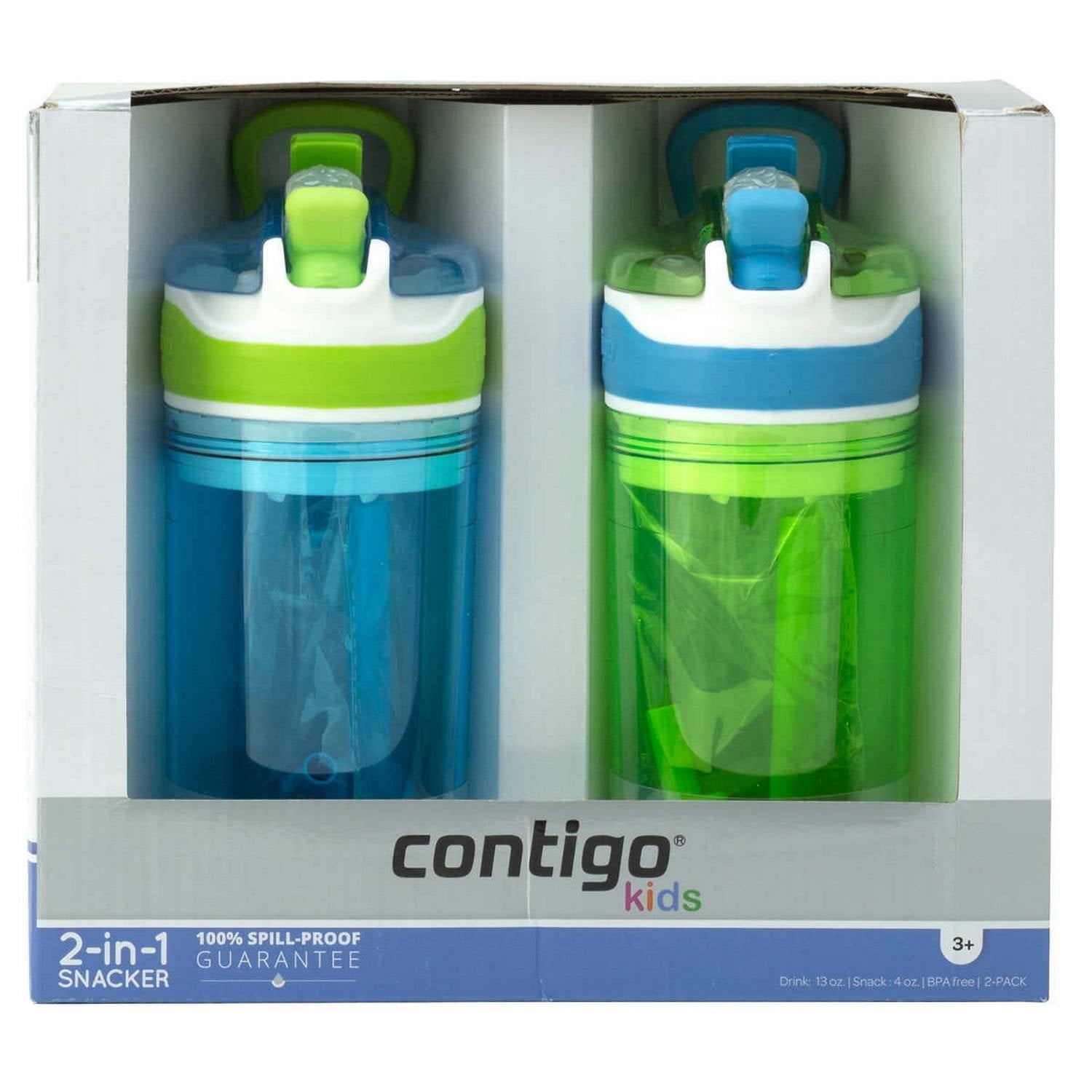 Contigo Kids 2-in-1 Snack Hero Tumbler Featuring 4oz Snack Holder Stacked on Top of 13oz Water Bottle - BPA Free, Durable Tritan w/Flexible Carry Handle &amp; Spill-Proof Valve, Green &amp; Blue – 2 Pack M75D