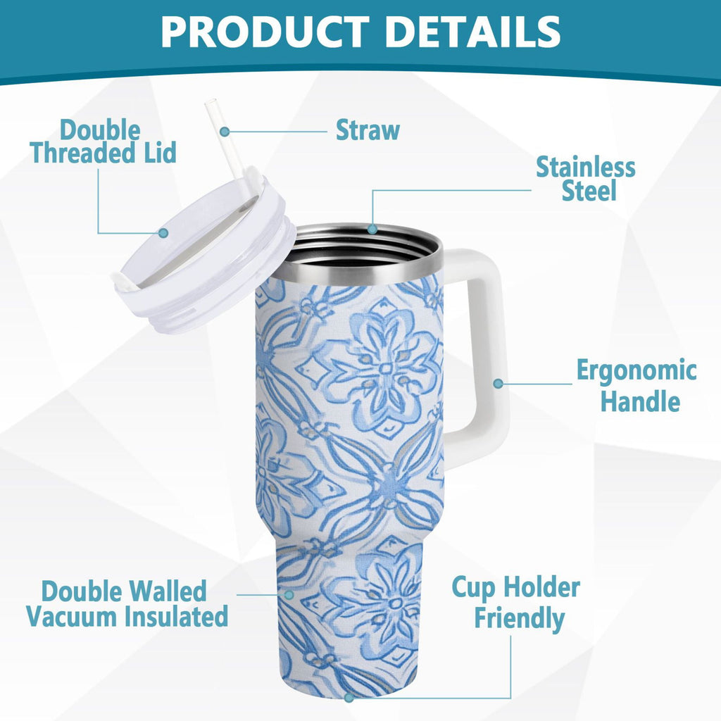 30 oz Insulated Stainless Steel Tumbler Double Wall Stainless Steel Tumbler with 2-Way Drinking Blue Elegant Geometric Design M623G