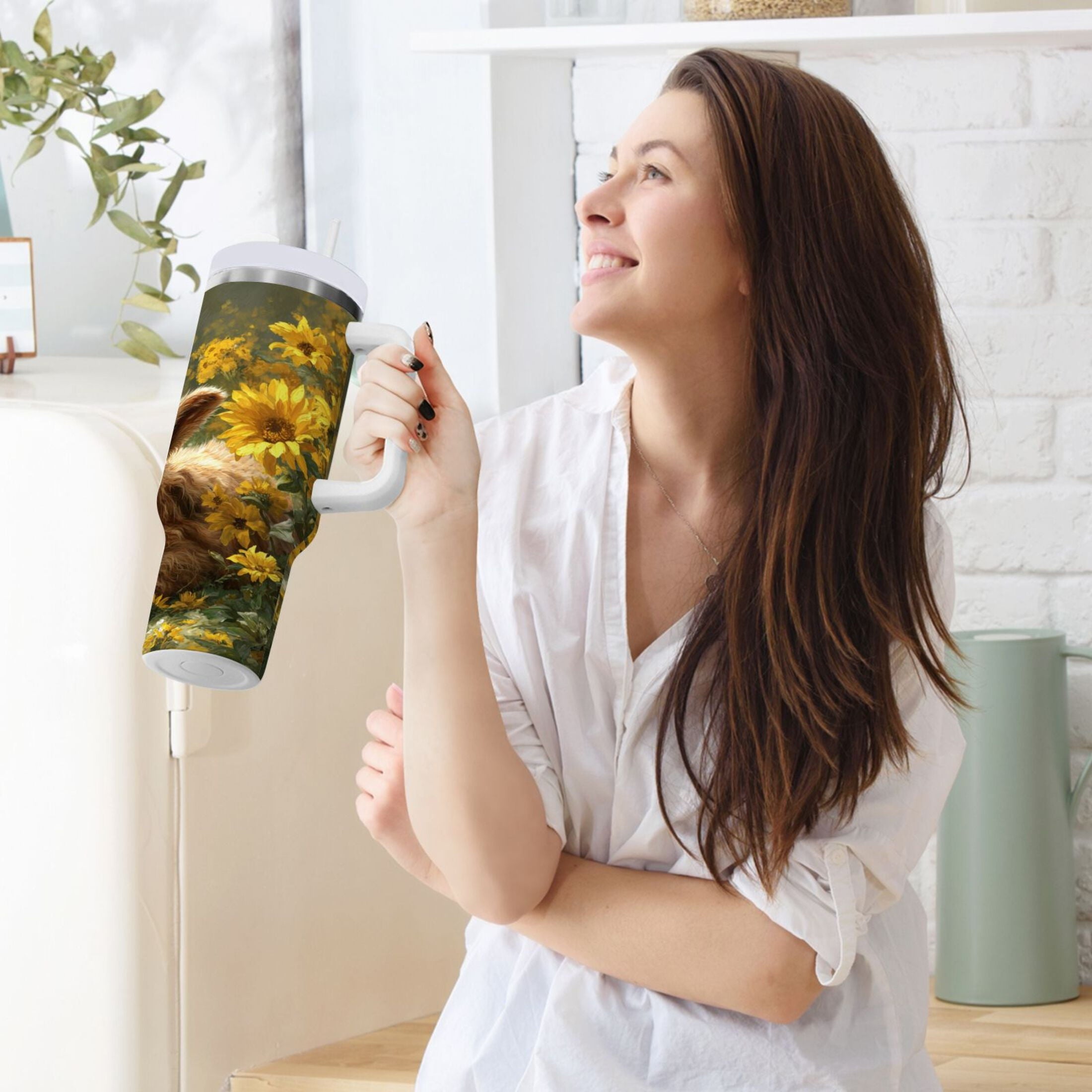 40 oz Insulated Stainless Steel Tumbler Double Wall Stainless Steel Tumbler with 2-Way Drinking Cow Lying in Sunflowers M665X