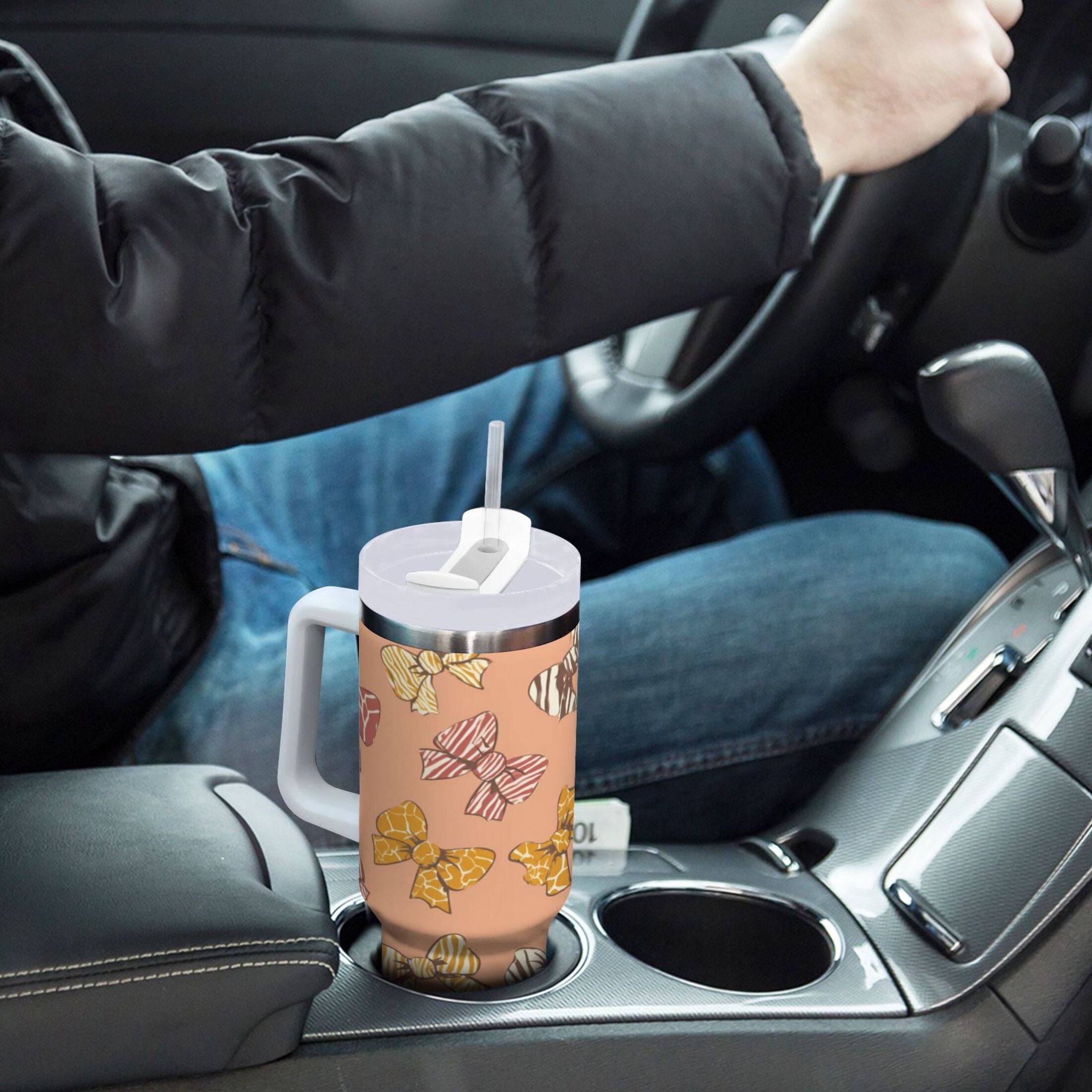 40 oz Insulated Stainless Steel Tumbler Double Wall Stainless Steel Tumbler with 2-Way Drinking Cute Animal Print Bows M678A