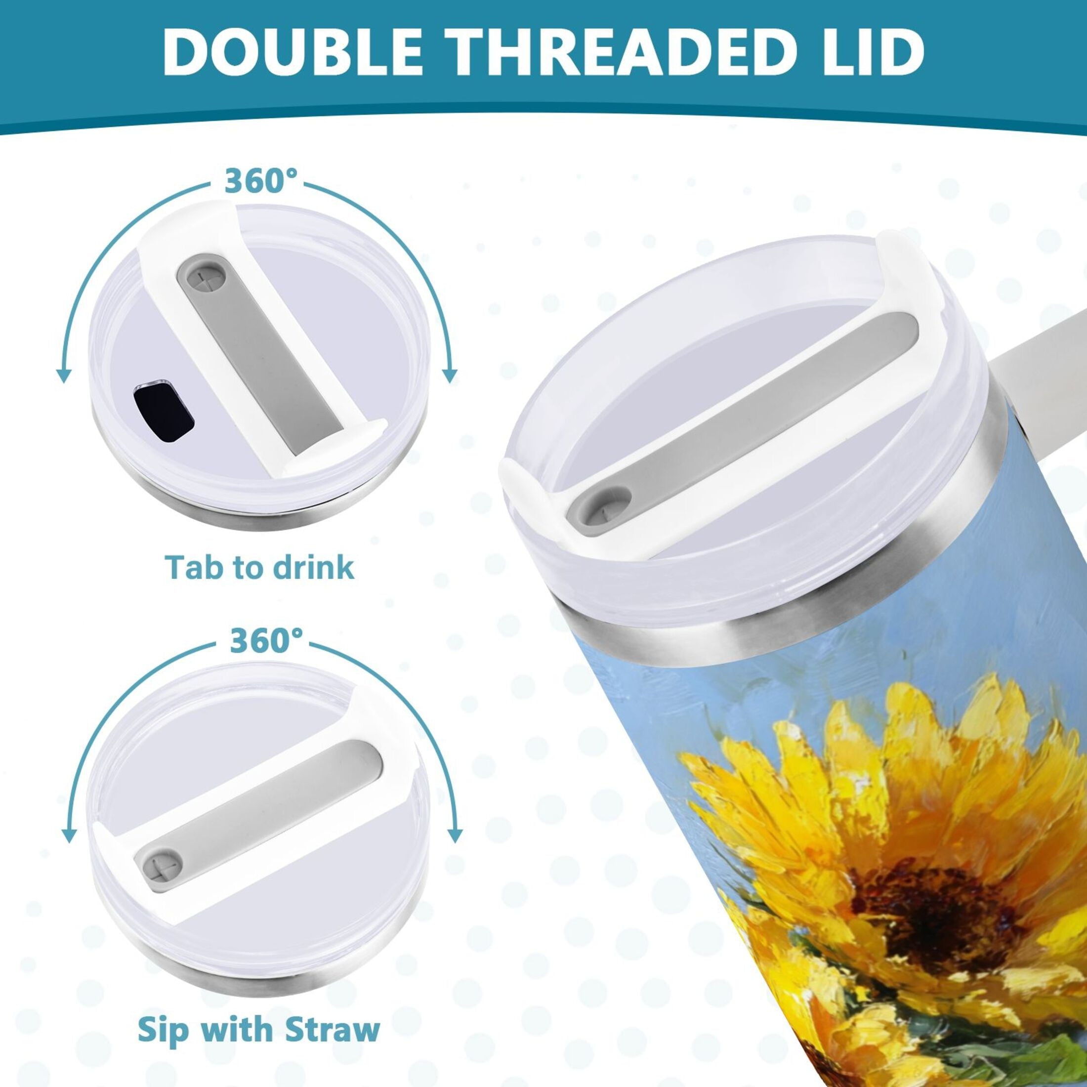 40 oz Insulated Stainless Steel Tumbler Double Wall Stainless Steel Tumbler with 2-Way Drinking Sunflowers Painting M611F