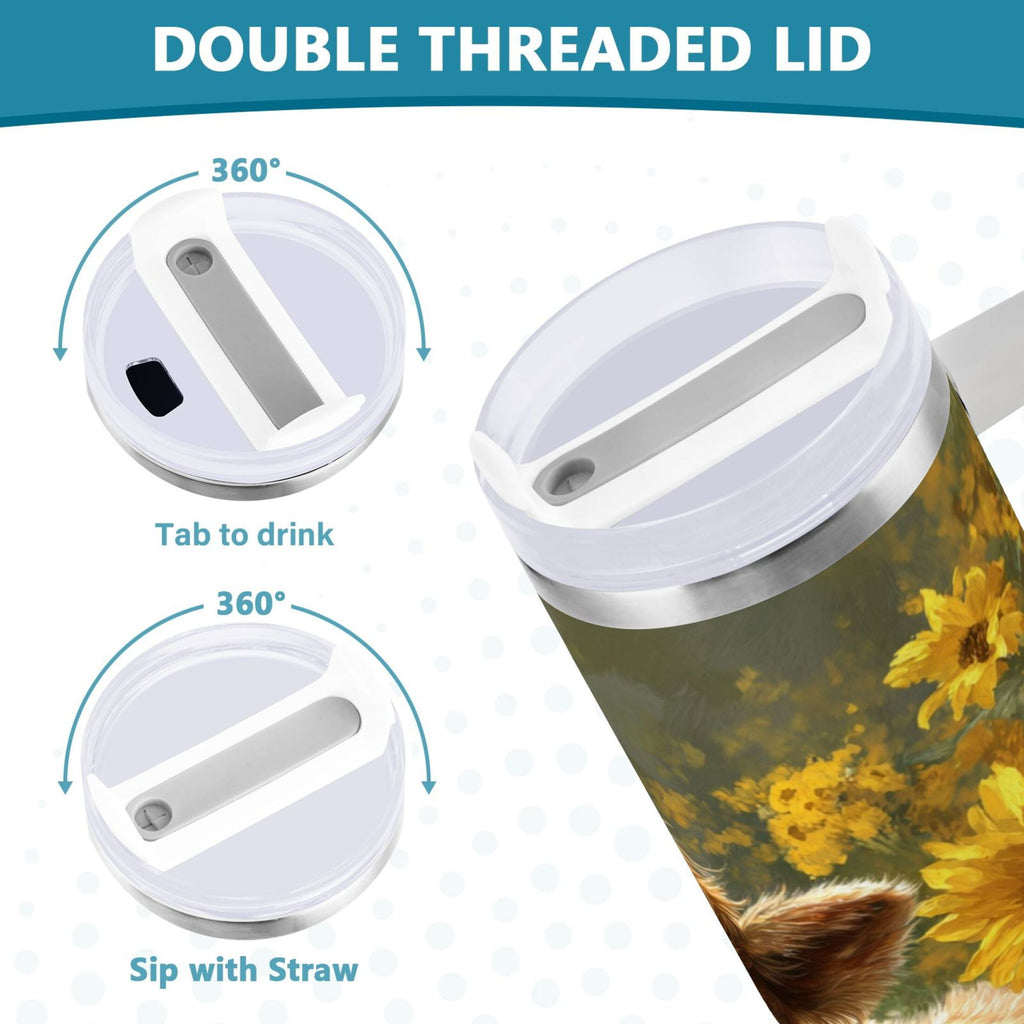 40 oz Insulated Stainless Steel Tumbler Double Wall Stainless Steel Tumbler with 2-Way Drinking Cow Lying in Sunflowers M665X