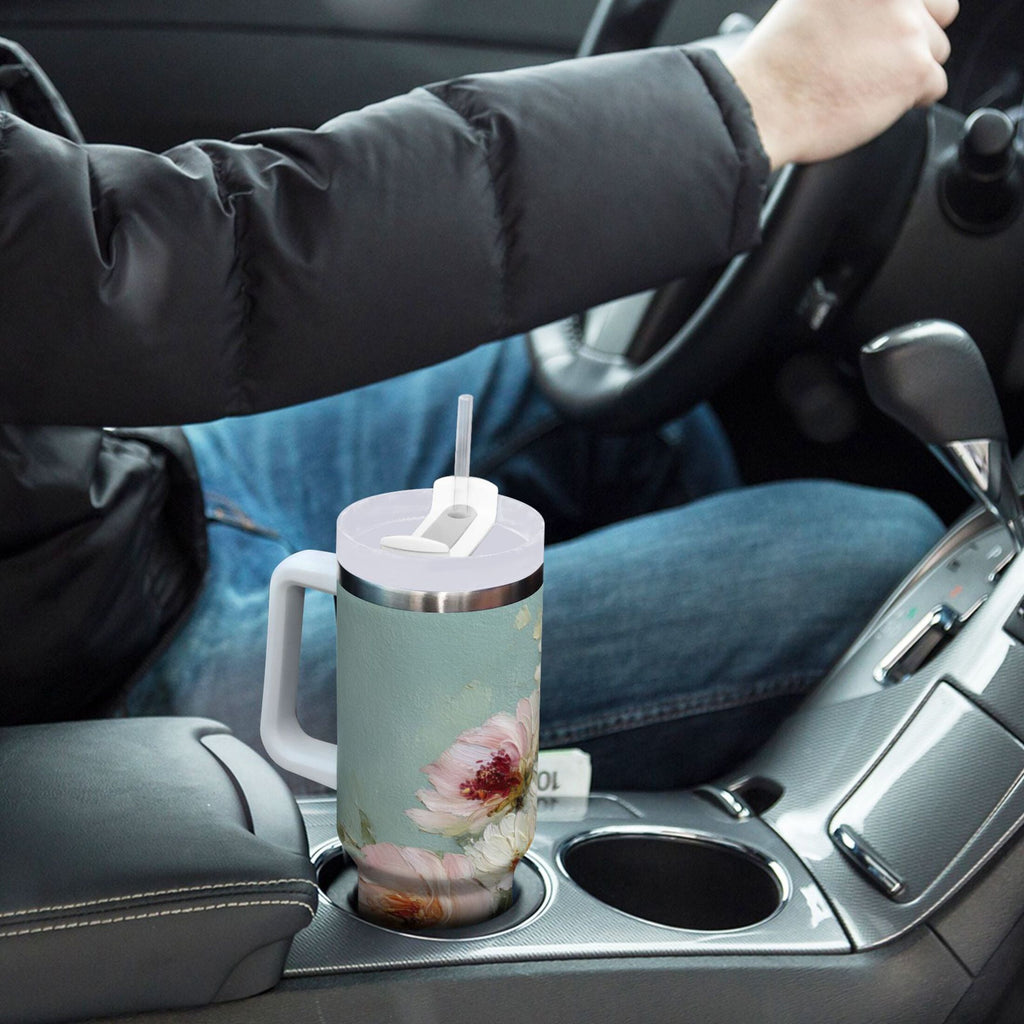 40 oz Insulated Stainless Steel Tumbler Double Wall Stainless Steel Tumbler with 2-Way Drinking Vintage Peonies and Daisies M677X