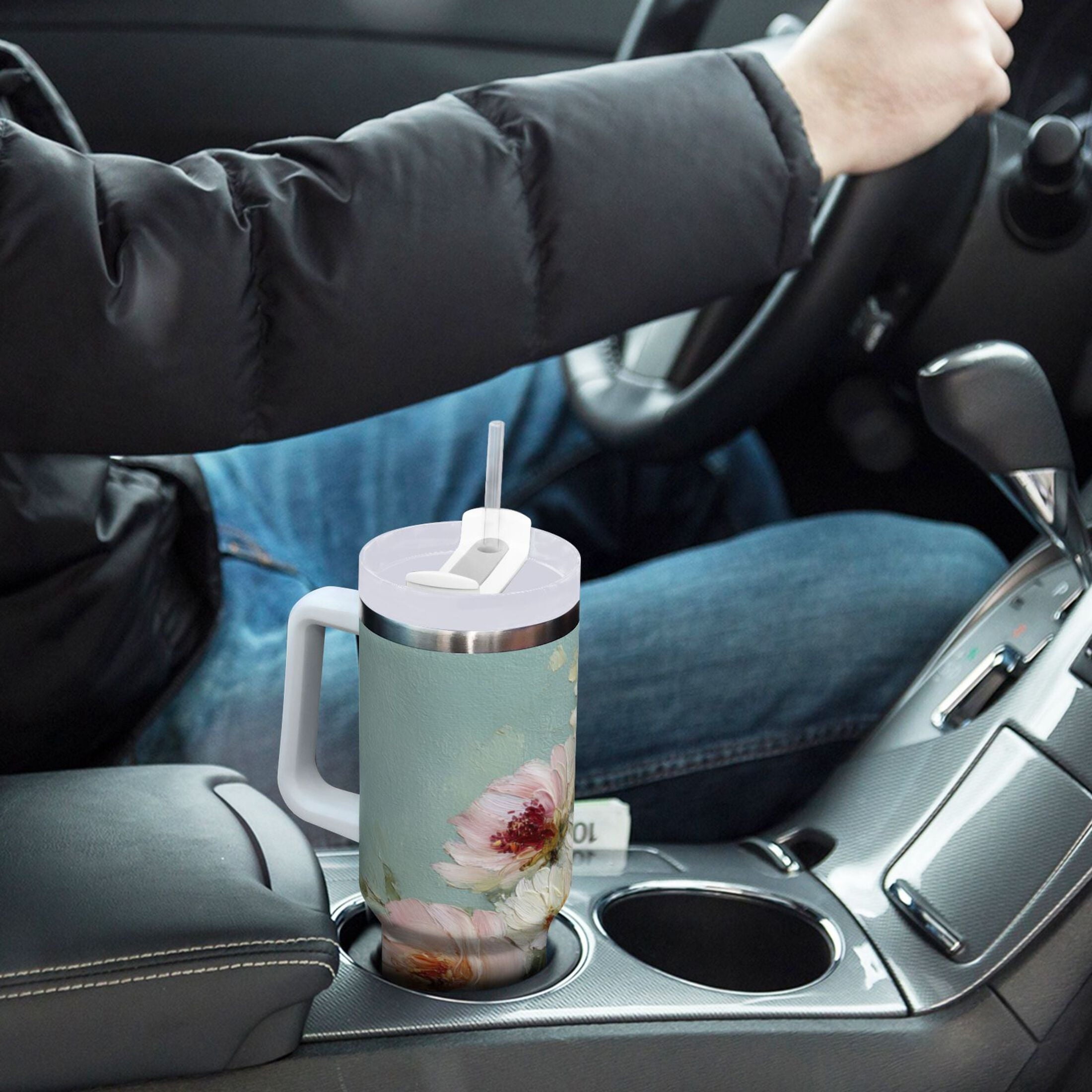 40 oz Insulated Stainless Steel Tumbler Double Wall Stainless Steel Tumbler with 2-Way Drinking Vintage Peonies and Daisies M677X