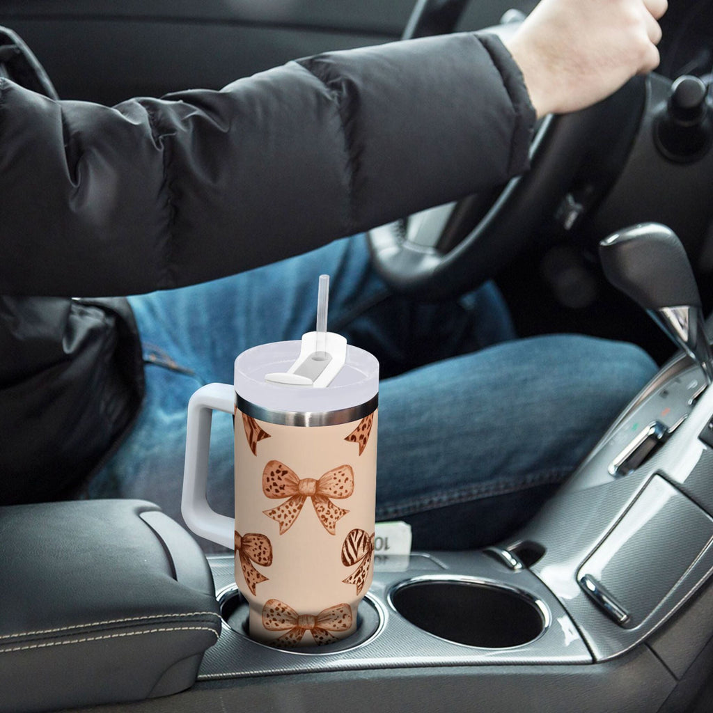 40 oz Insulated Stainless Steel Tumbler Double Wall Stainless Steel Tumbler with 2-Way Drinking Leopard Print Bow M550L
