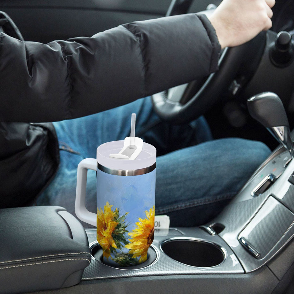 40 oz Insulated Stainless Steel Tumbler Double Wall Stainless Steel Tumbler with 2-Way Drinking Sunflowers Painting M611F