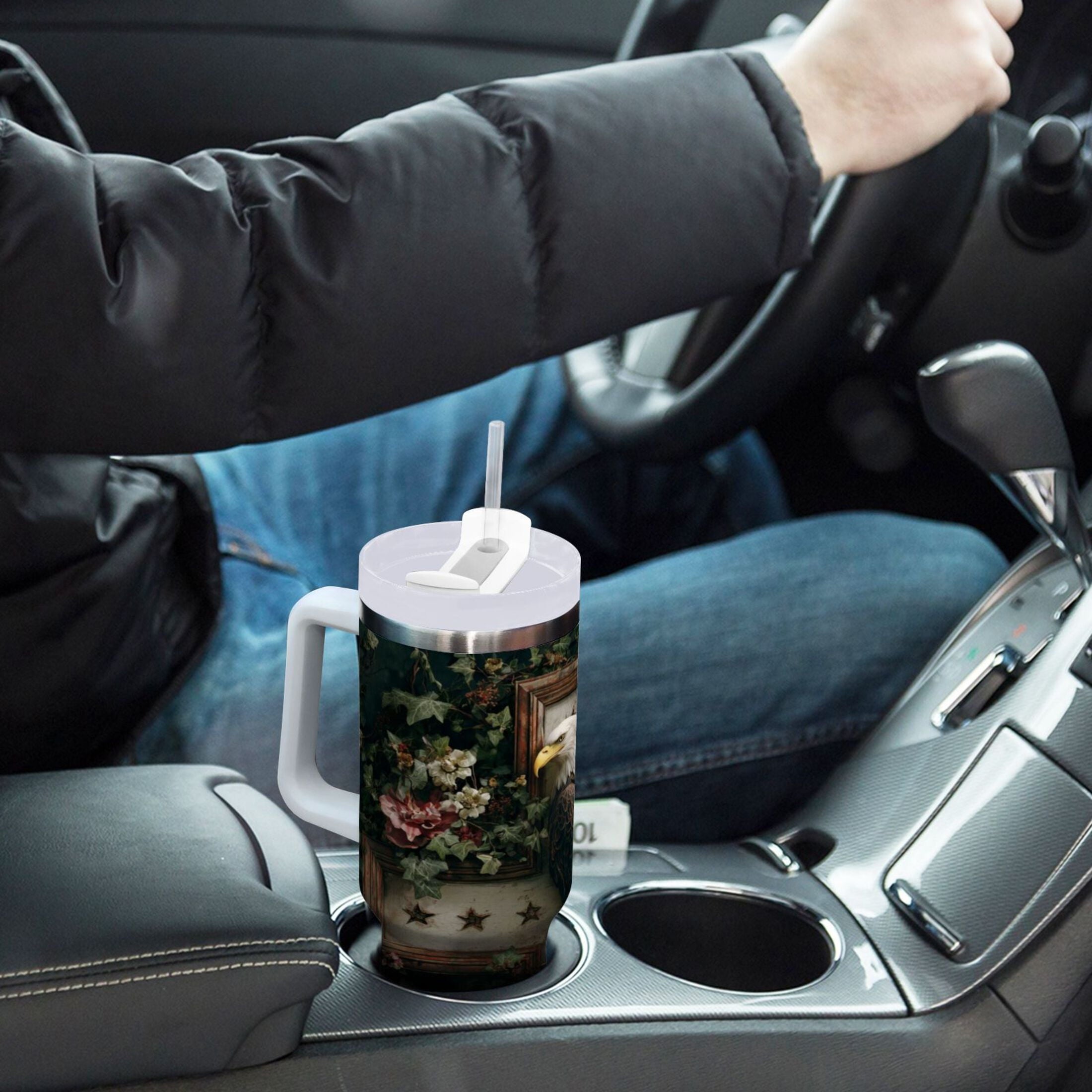 30 oz Insulated Stainless Steel Tumbler Double Wall Stainless Steel Tumbler with 2-Way Drinking Wreath and Bald Eagle M668B