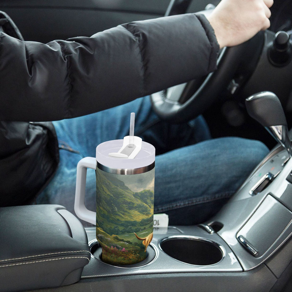 30 oz Insulated Stainless Steel Tumbler Double Wall Stainless Steel Tumbler with 2-Way Drinking Cow in Green Rolling Hills M586P