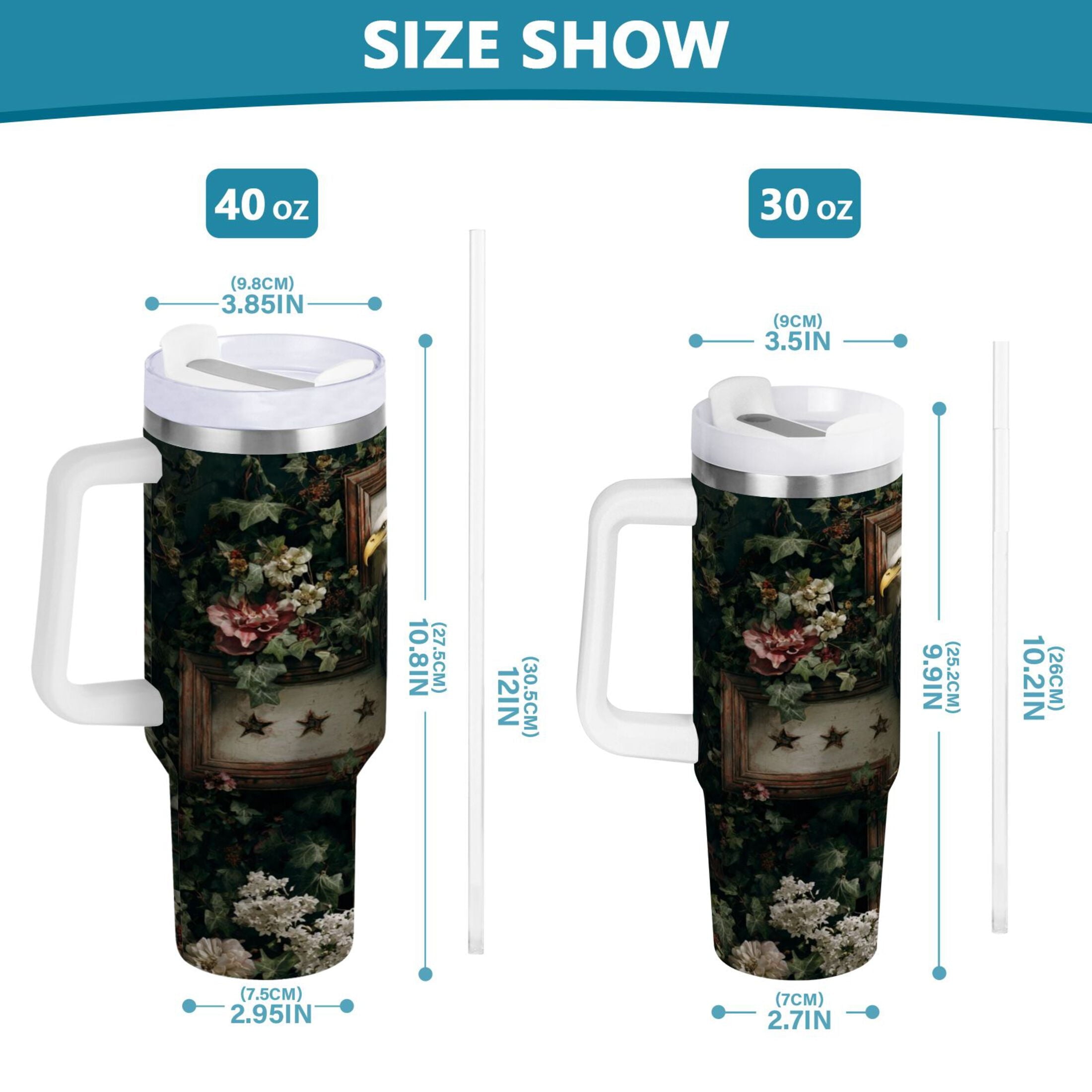 30 oz Insulated Stainless Steel Tumbler Double Wall Stainless Steel Tumbler with 2-Way Drinking Wreath and Bald Eagle M668B