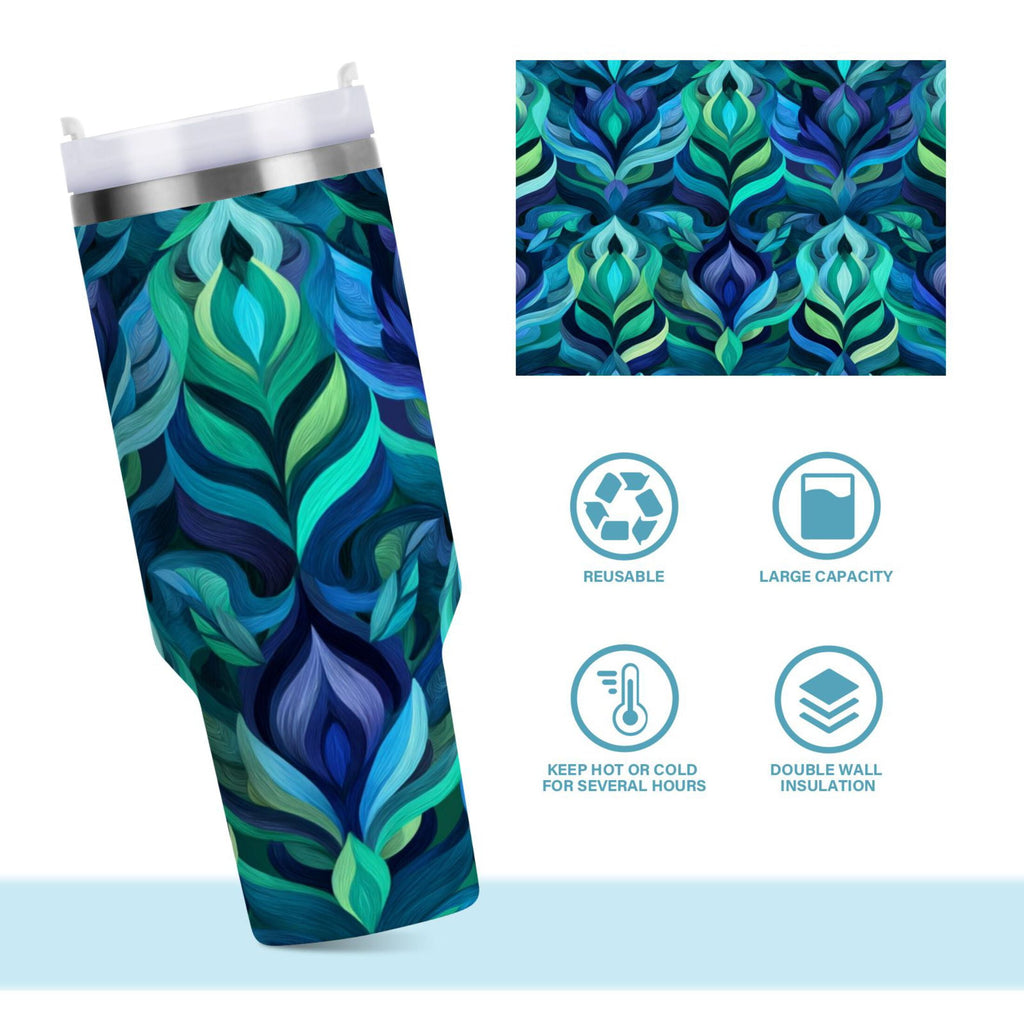 40 oz Insulated Stainless Steel Tumbler Double Wall Stainless Steel Tumbler with 2-Way Drinking Elegant Blue Abstract Shapes M609R