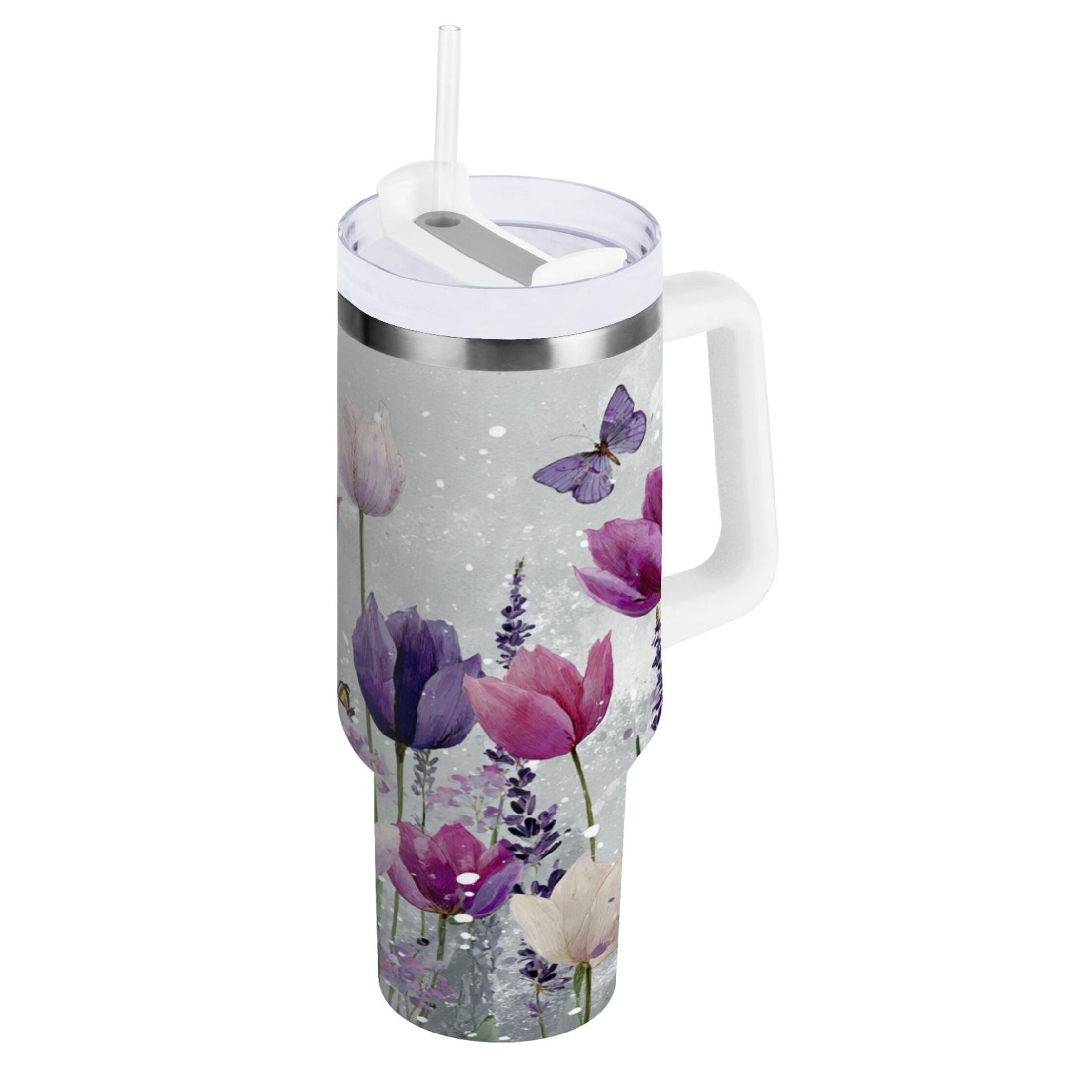 40 oz Insulated Stainless Steel Tumbler Double Wall Stainless Steel Tumbler with 2-Way Drinking Colorful Tulips and Lavender M456X