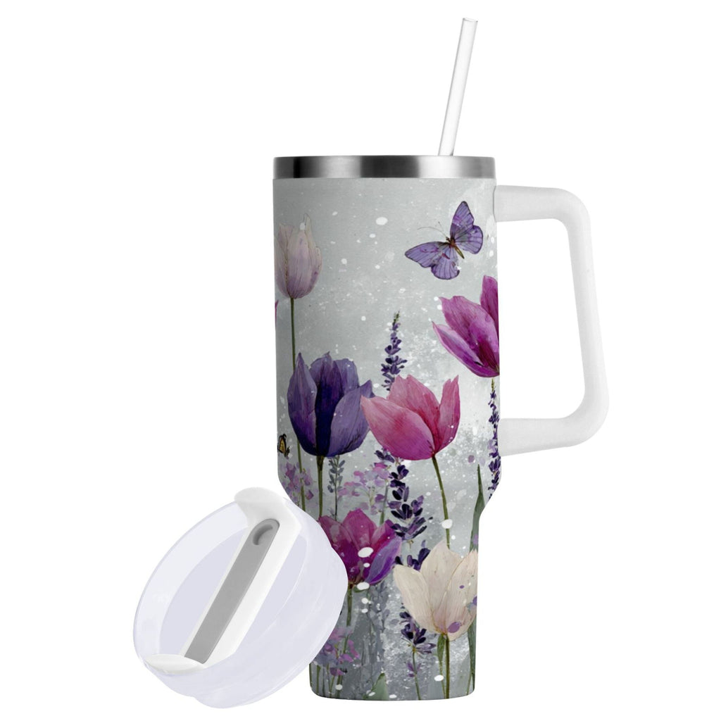 40 oz Insulated Stainless Steel Tumbler Double Wall Stainless Steel Tumbler with 2-Way Drinking Colorful Tulips and Lavender M456X