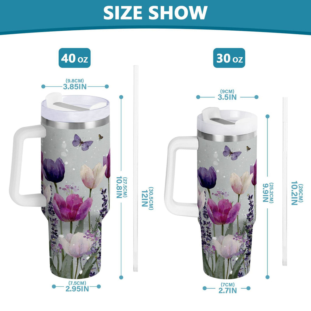 40 oz Insulated Stainless Steel Tumbler Double Wall Stainless Steel Tumbler with 2-Way Drinking Colorful Tulips and Lavender M456X