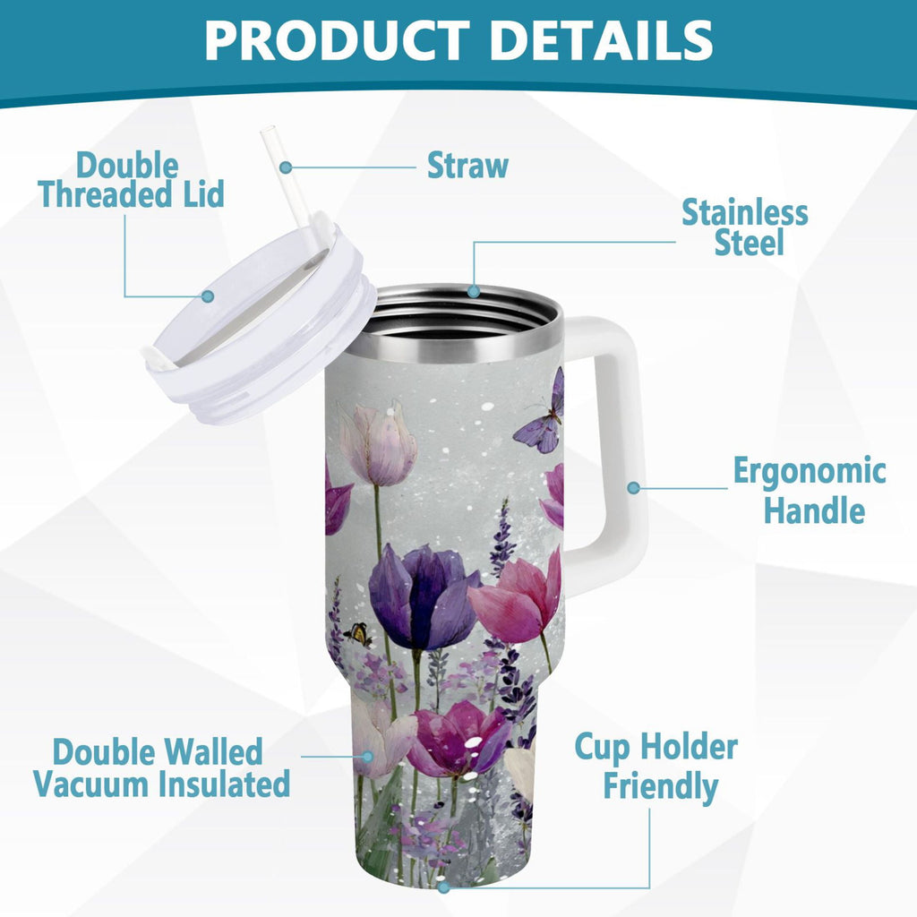 40 oz Insulated Stainless Steel Tumbler Double Wall Stainless Steel Tumbler with 2-Way Drinking Colorful Tulips and Lavender M456X