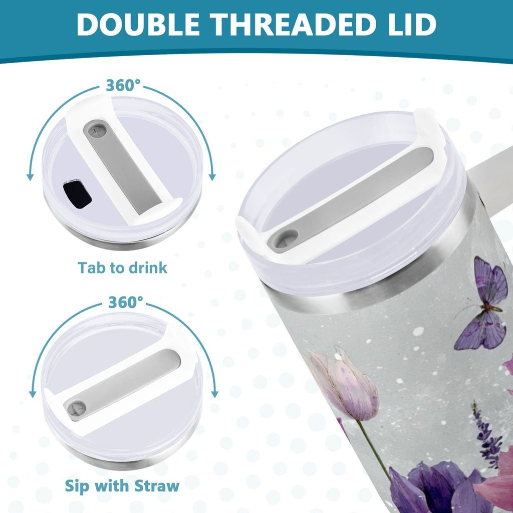 40 oz Insulated Stainless Steel Tumbler Double Wall Stainless Steel Tumbler with 2-Way Drinking Colorful Tulips and Lavender M456X