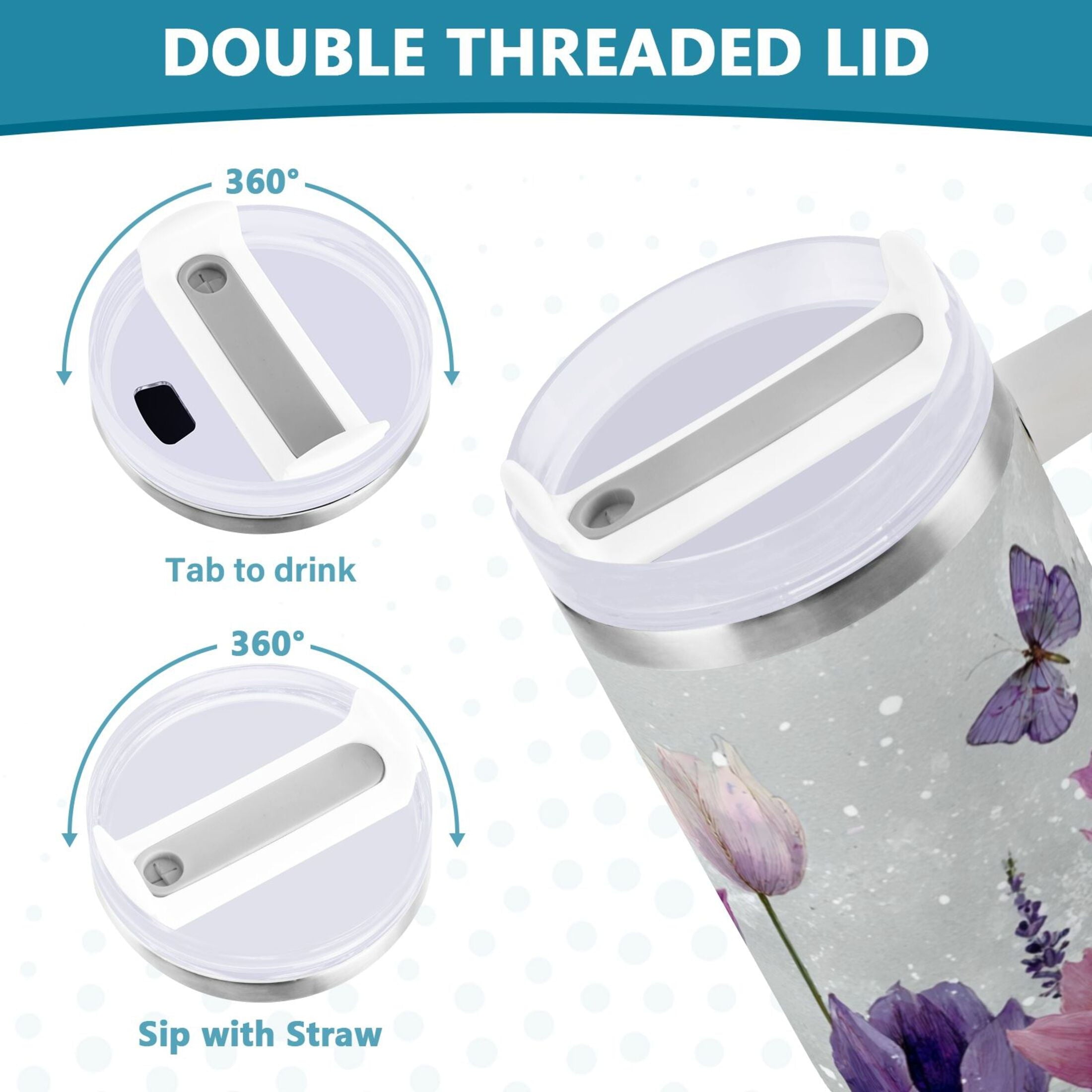 40 oz Insulated Stainless Steel Tumbler Double Wall Stainless Steel Tumbler with 2-Way Drinking Colorful Tulips and Lavender M456X