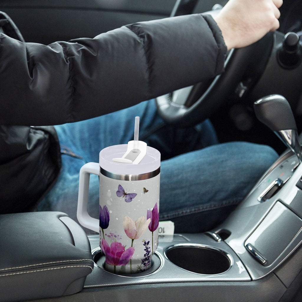 40 oz Insulated Stainless Steel Tumbler Double Wall Stainless Steel Tumbler with 2-Way Drinking Colorful Tulips and Lavender M456X