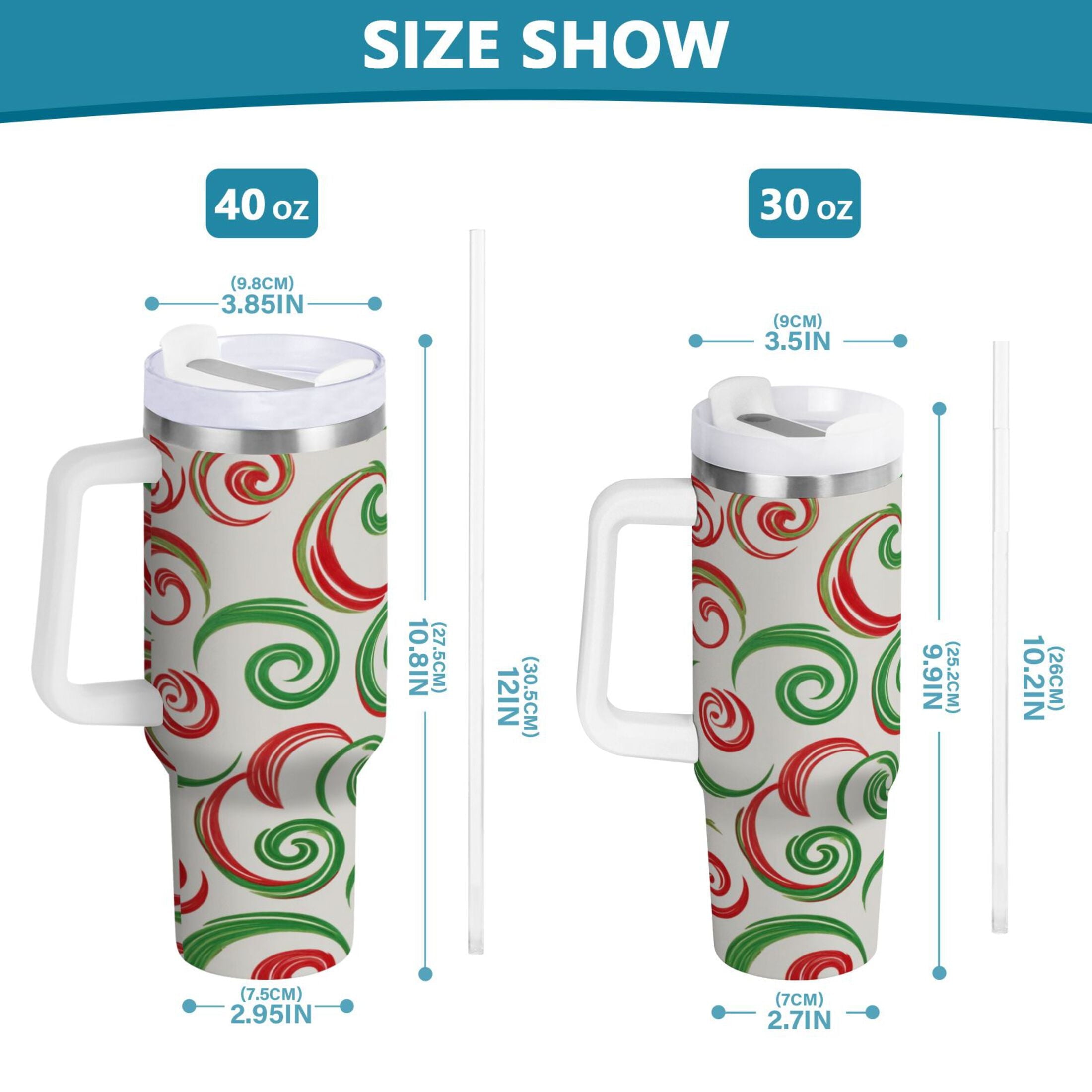 40 oz Insulated Stainless Steel Tumbler Double Wall Stainless Steel Tumbler with 2-Way Drinking Red and Green Swirls M539Y