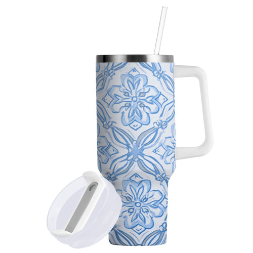 30 oz Insulated Stainless Steel Tumbler Double Wall Stainless Steel Tumbler with 2-Way Drinking Blue Elegant Geometric Design M623G